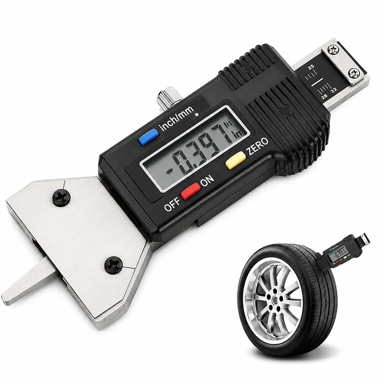 Calibro di Profondità del Battistrada Digitale per Pneumatici, Rilevamento Pneumatici 0-25 mm LCD Calibro di Profondità Digitale per Pneumatici Controllo della Profondità del Battistrada 0,01 mm Strum