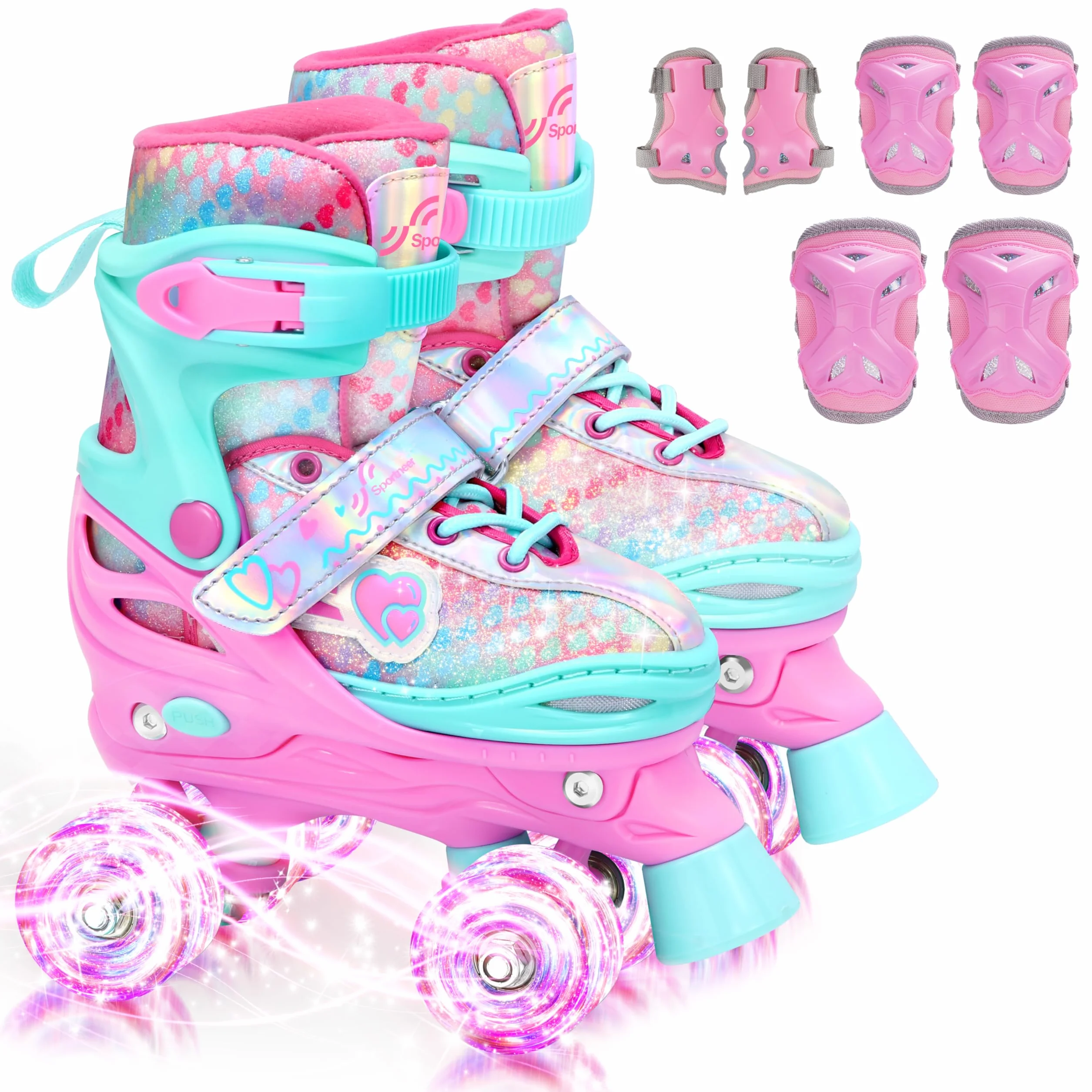 Sportneer Pattini a rotelle per bambini, con equipaggiamento protettivo, pattini a rotelle regolabili con 8 ruote luminose, per ragazze, bambini, ragazzi, principianti, interni ed esterni