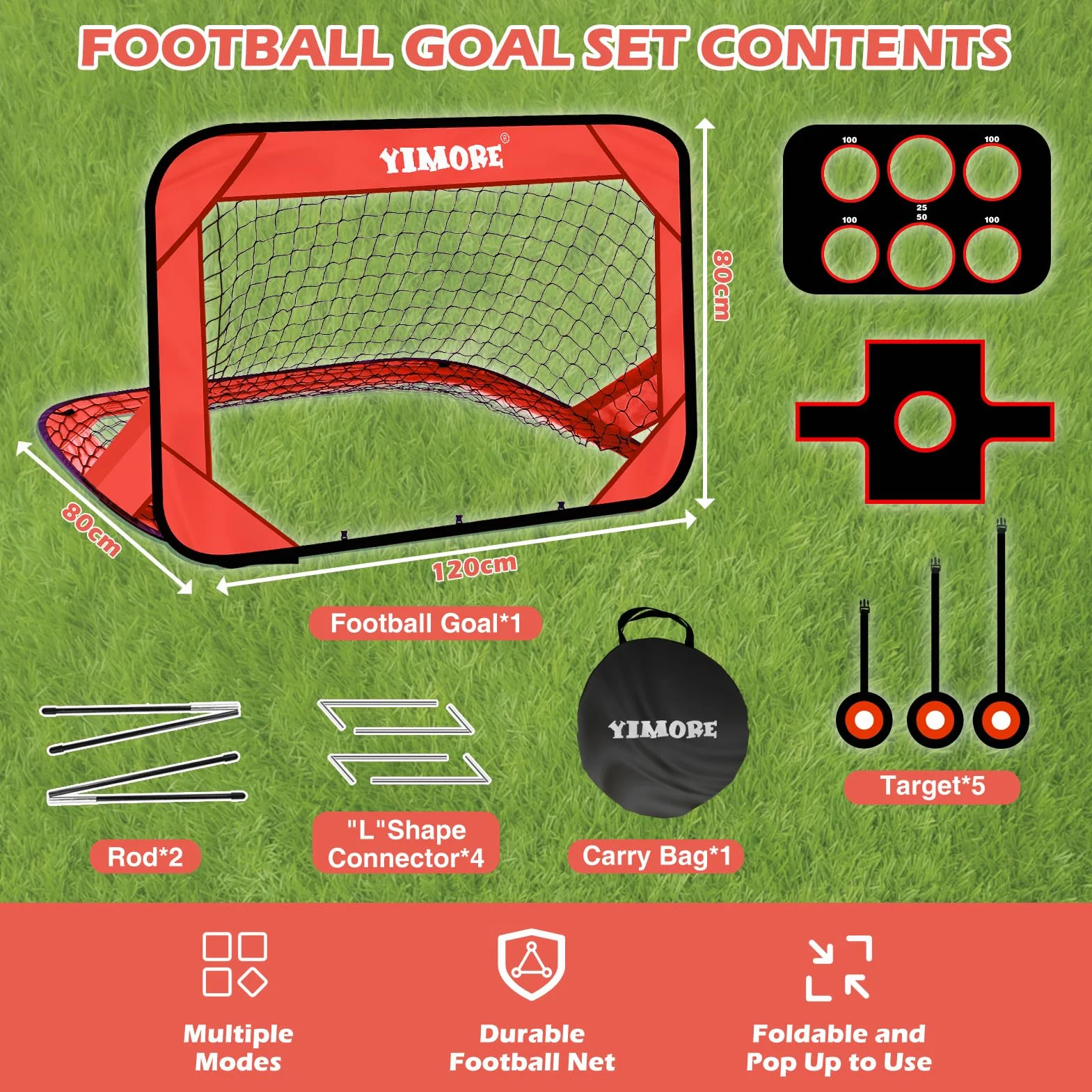 YIMORE Porta da Calcio per Bambini, 120x80x80cm, Pieghevole Pop-up, per Interni ed Esterni