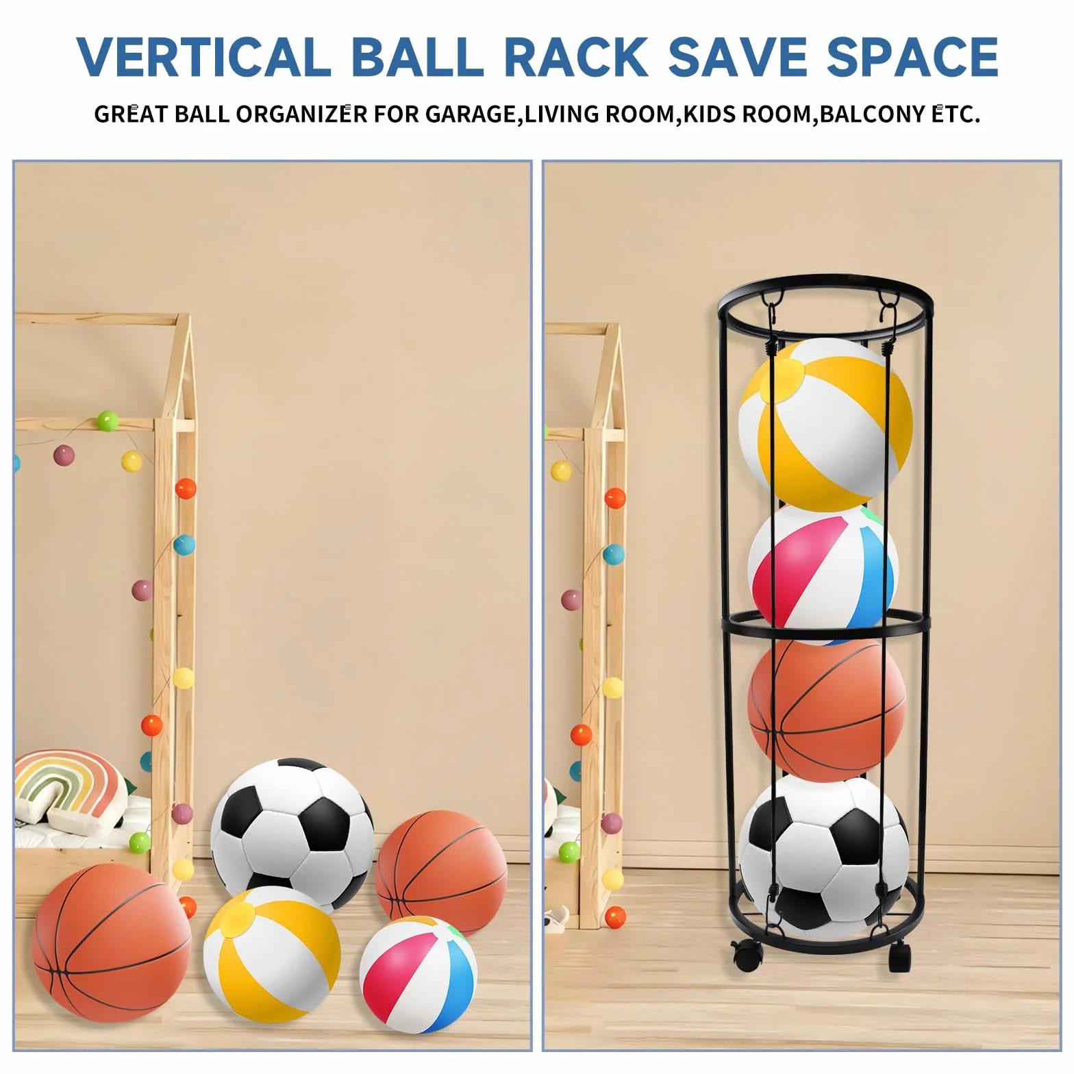 Rastrelliera da Basket Porta Palloni da Calcio con Ruote Acciaio Stoccaggio Attrezzature Sportive per Garage