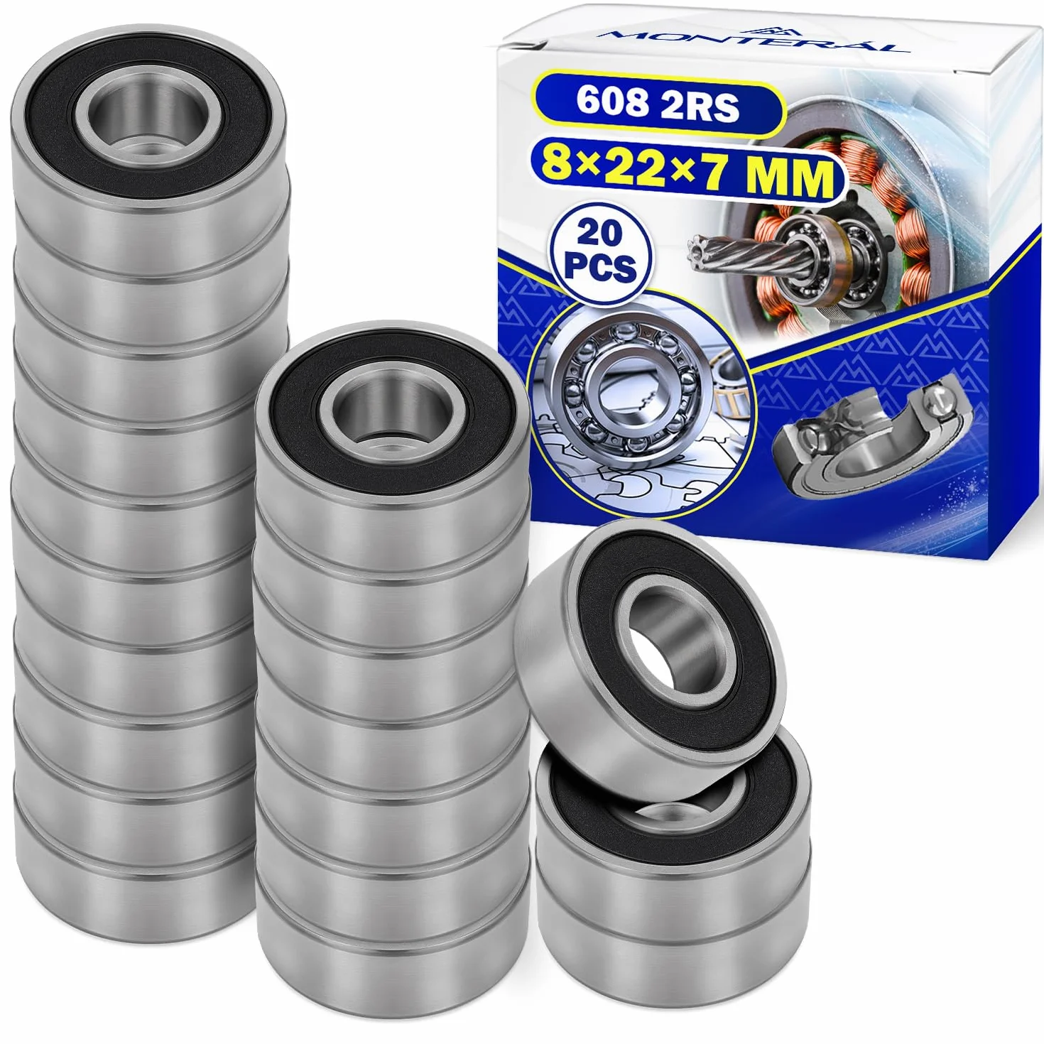 20 Pezzi Cuscinetti a Sfera 608 2RS per il Motore con Dimensione 8x22x7 mm - MONTERAL