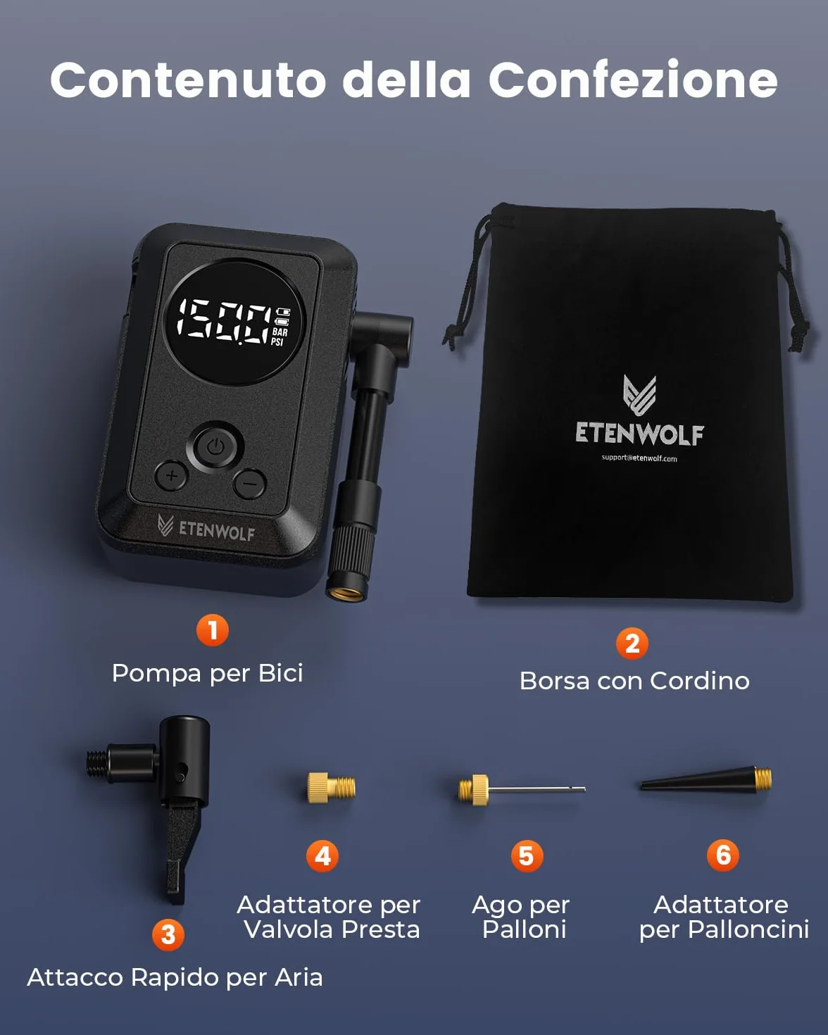 ETENWOLF Mini pompe à vélo 10,34 Bar, gonfleur de pneus portable avec manomètre, arrêt automatique