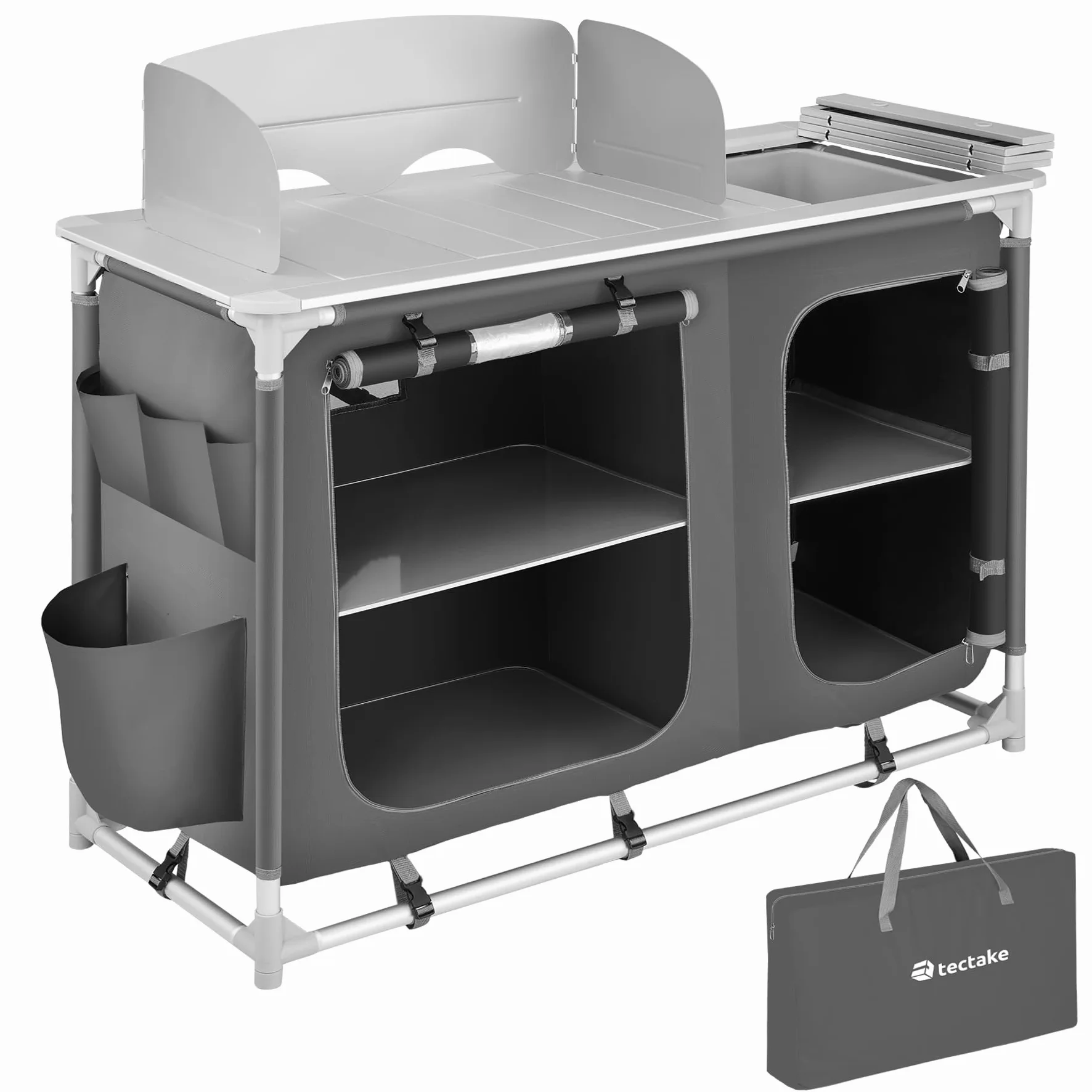 tectake® Cucina da Campeggio 116x52x107cm, Ampia Cucina da Esterno Mobiletto da Esterno Alluminio, Adatta per Fornello da Campeggio e Fornello a Gas, Lavello Rimovibile, Borsa Trasporto - Vari colori