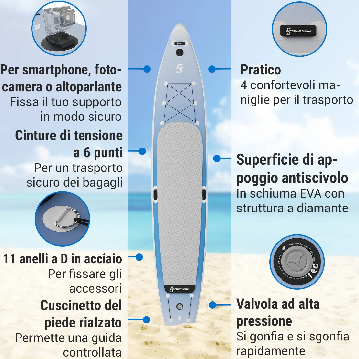 CAPITAL SPORTS SUP, Tavola SUP Gonfiabile per Adulti e Bambini, Versatile Stand Up Paddle con Pagaia SUP, Borsa da Trasporto, Pompa SUP e Accessori da Paddle Board e Kayak