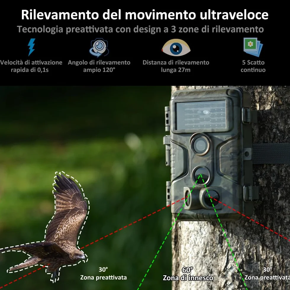 GardePro A3S 64MP 1296P H.264 Fototrappola Infrarossi Invisibili No-Glow IR LED IP66
