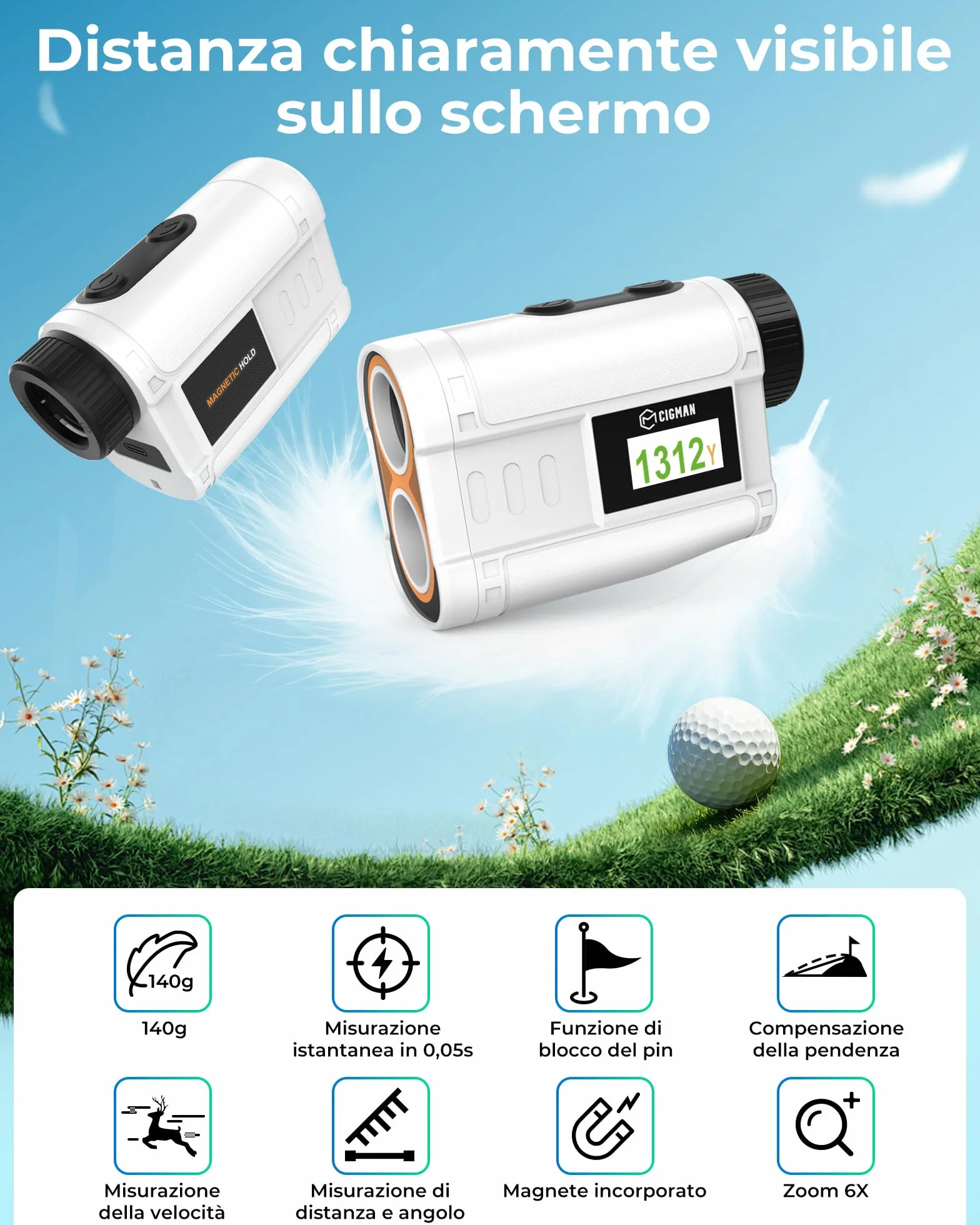 CIGMAN Telemetro Golf/Caccia Da 1200M con Display LCD Telemetri da Golf, con Pendenza,Ricaricabile via USB,Bloccaggio Degli Alberi Bandiera, Funzione magnetica inclusa, Accessori da golf