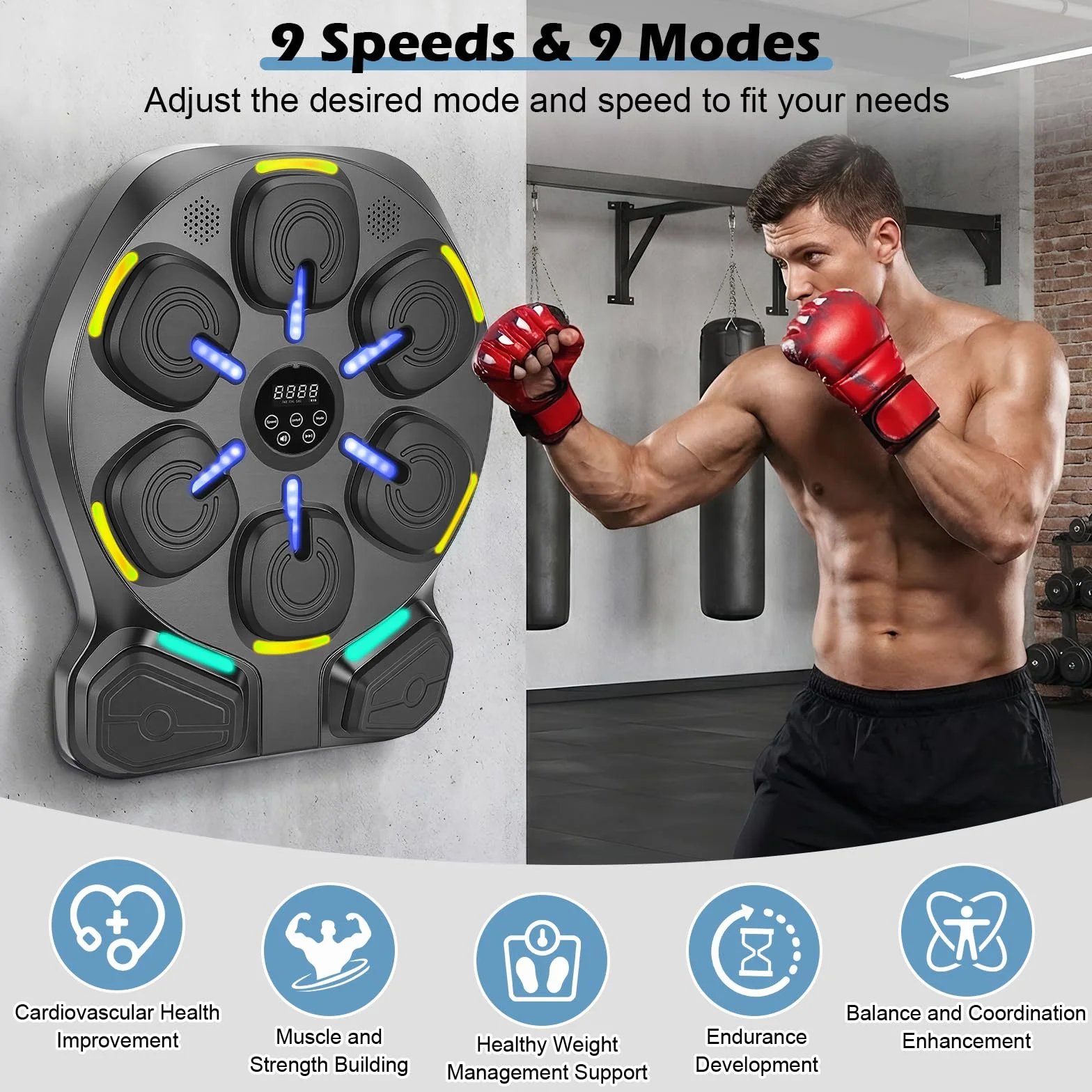 Macchina da boxe con musica, montaggio a parete, 9 modalità e 9 livelli di velocità, allenatore musicale con illuminazione a LED e Bluetooth, guantoni da boxe, per casa, ufficio e palestra