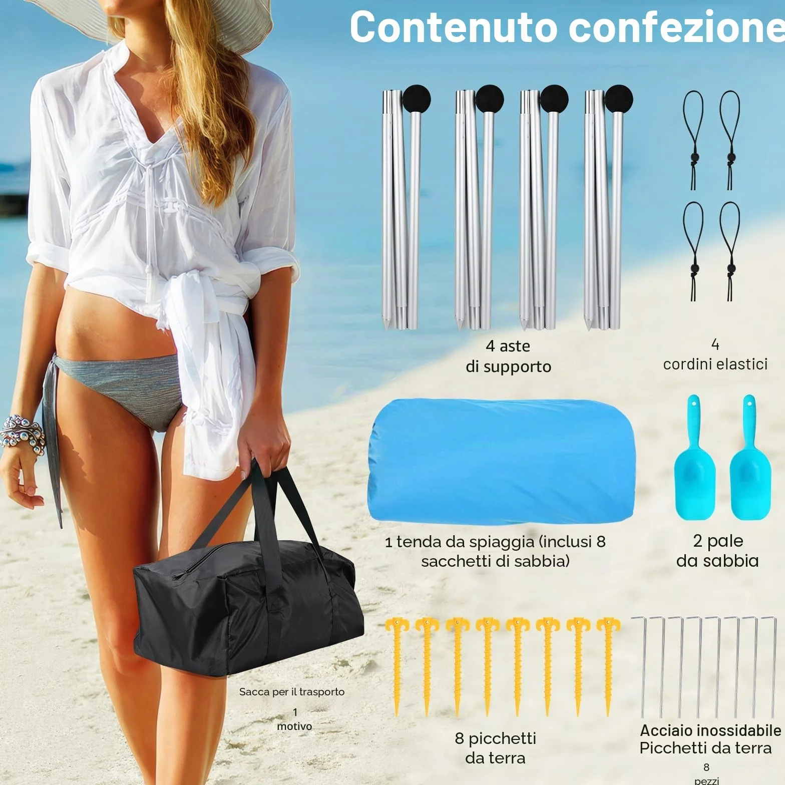 Rhino Valley 3x3m Tenda da Spiaggia Ultra Stabile Portatile, Protezione UV UPF50+ Tenda da Mare Super Antivento con 8 Ancoraggi a Sabbia Riempibili e 4 Aste in Alluminio