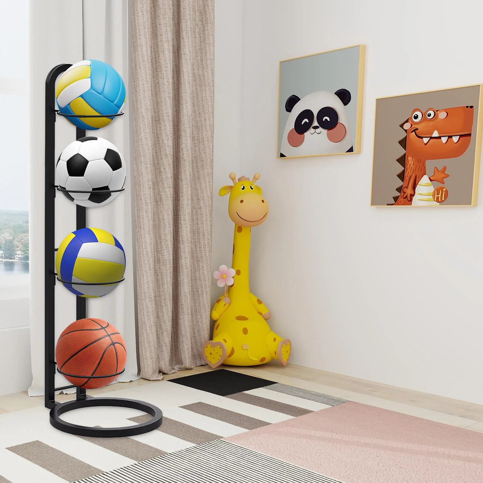 Rastrelliera da Basket Verticale Porta Palloni Scaffale Stoccaggio Rimovibile per Canestro Rugby Pallavolo Calcio