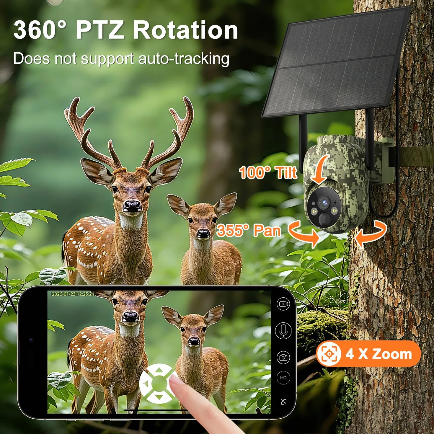 LEMNOI Fototrappola 4G con SIM Inclusa, 2K Fotocamera da Caccia, Telecamera Solare PTZ, Visione Notturna a Colori, IP66 Impermeabile