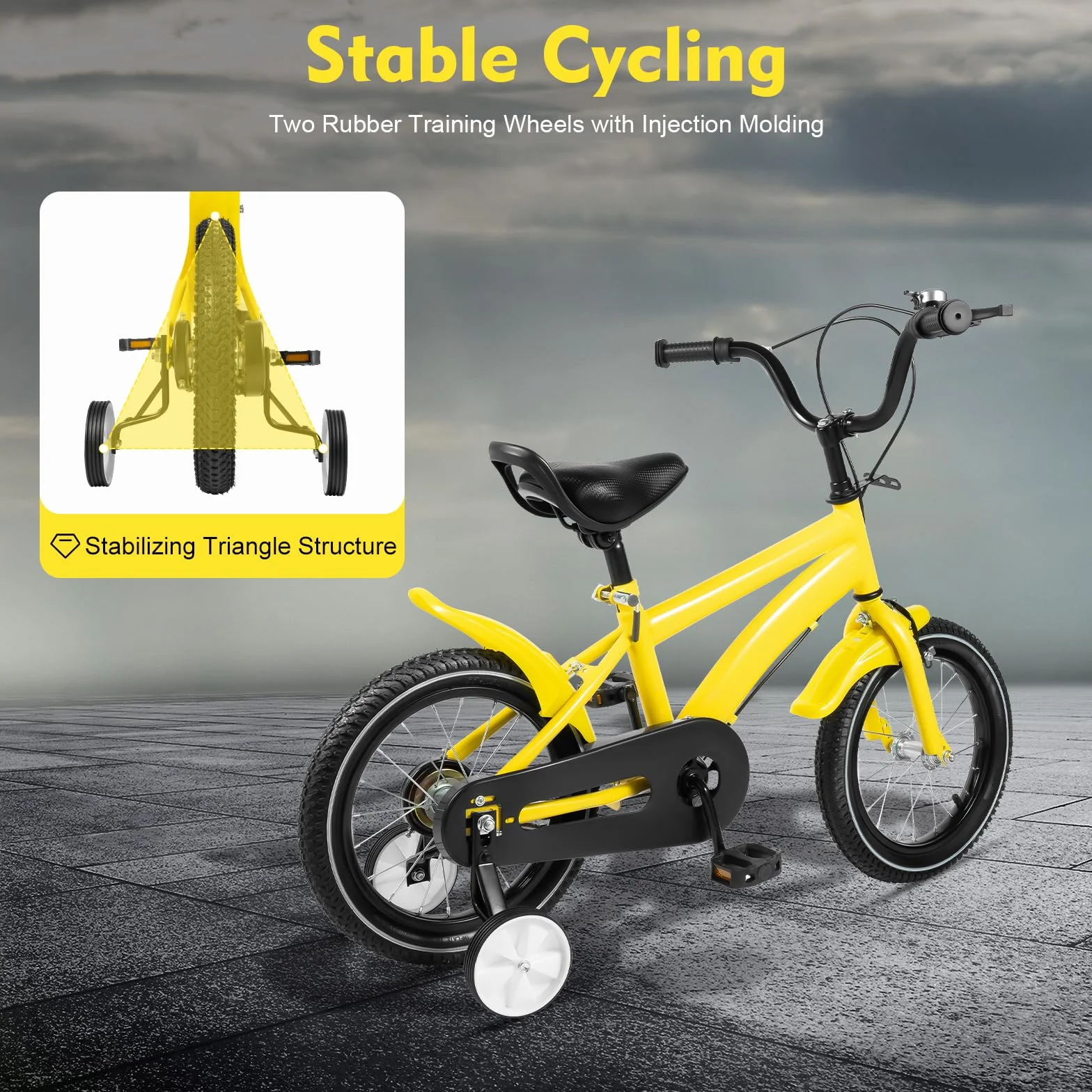 Bicicletta per Bambini 14 Pollici con Ruote di Sostegno, Sedile Regolabile, Manubrio, Catena Inclusa