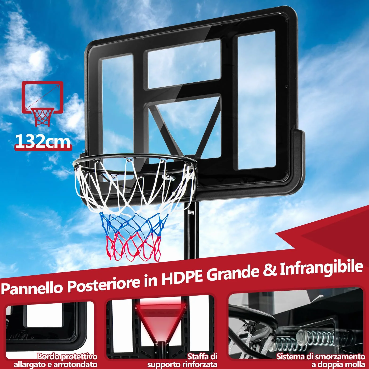 COSTWAY Canestro da Basket Portatile Regolabile in Altezza 1,3M-3,05M con Ruote Tabellone Infrangibile e Retina Durevole, Nero