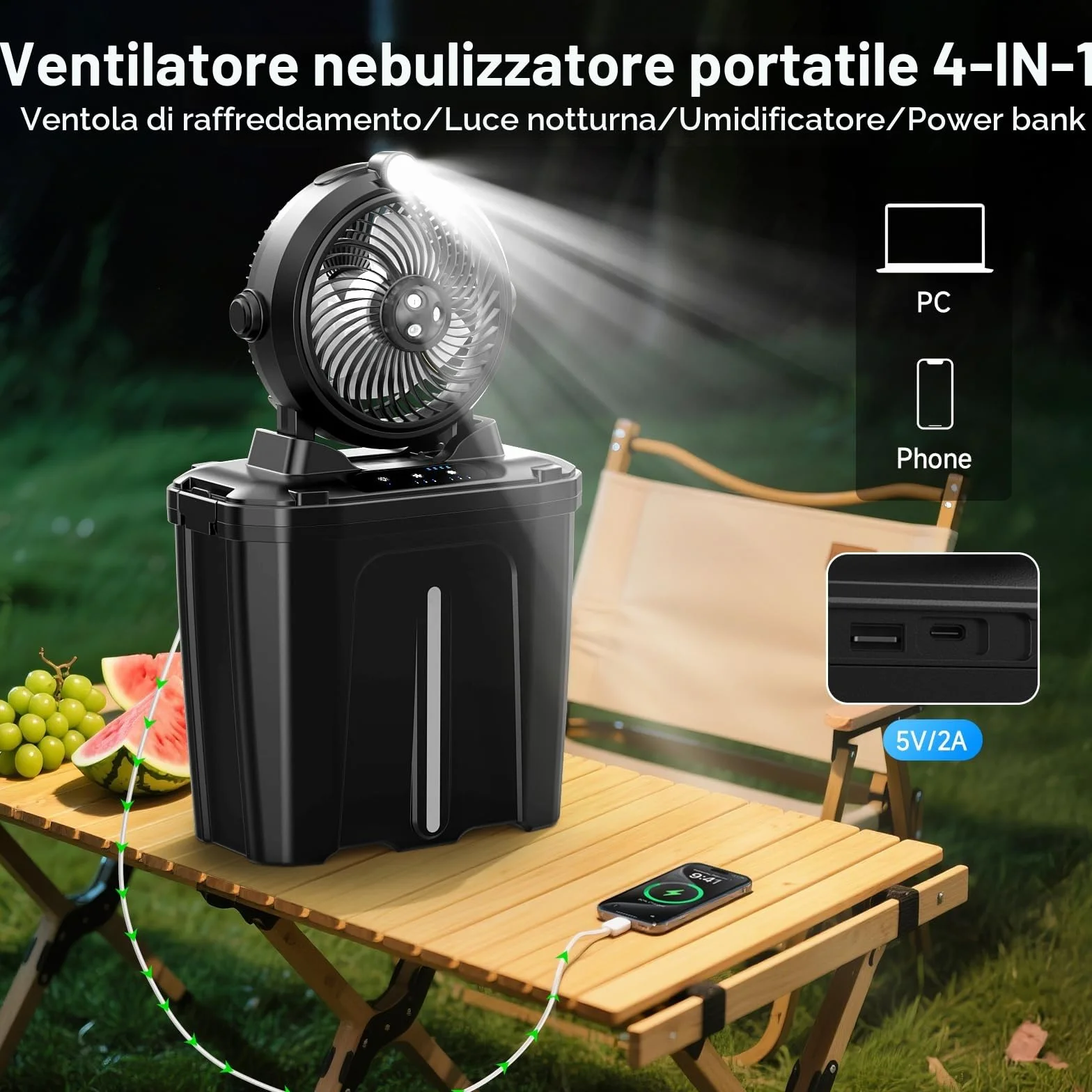 Ventilatore da Campeggio con Secchio da 11 Litri e Luce a LED, 20000mAh Batteria Ricaricabile Ventilatore Nebulizzatore, 3 Velocità, 3 Modalità di Nebulizzazione, Campeggio/Pesca/Viaggi