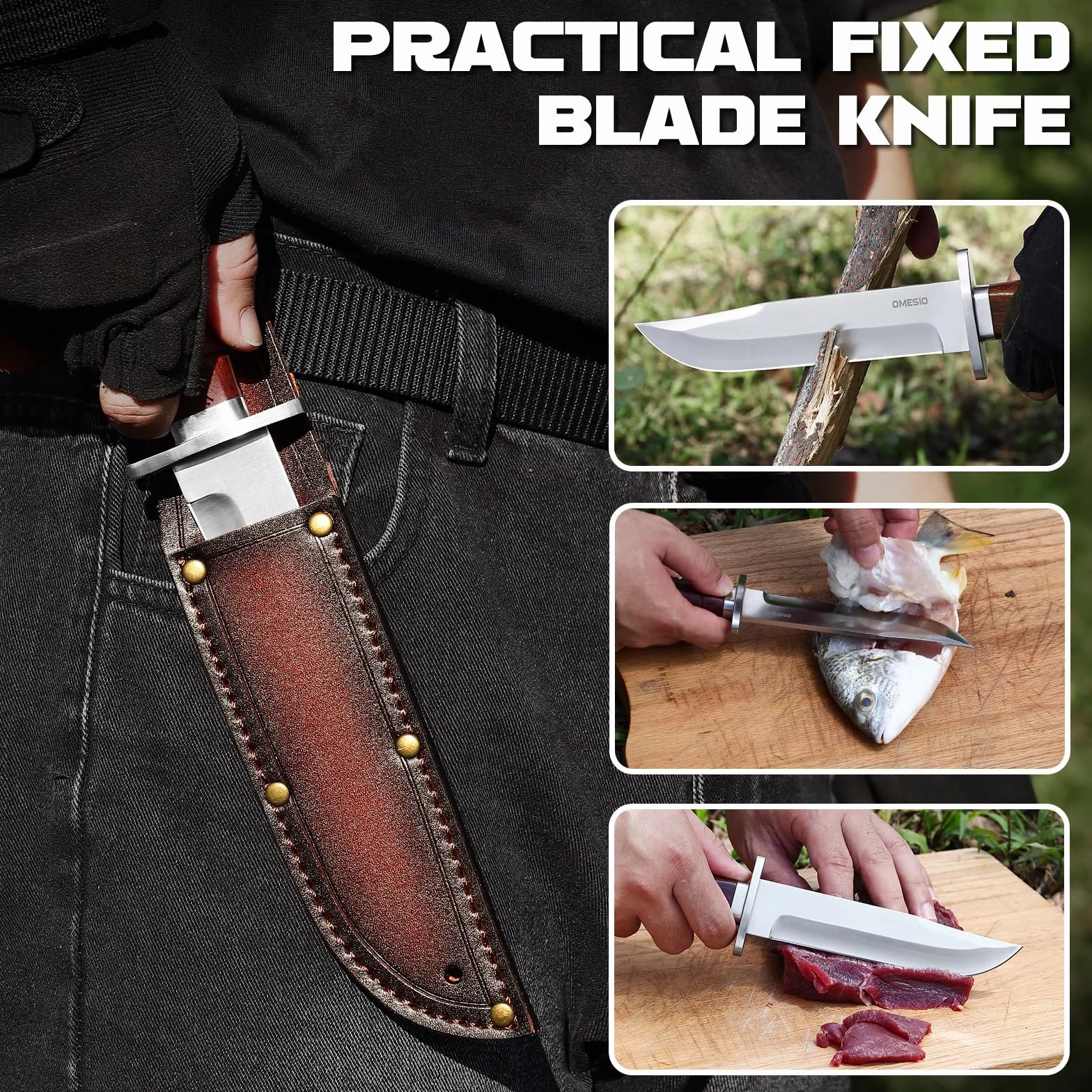 Omesio Coltello Da Caccia Outdoor, Lama Fissa — Include Fodero in Pelle, Realizzato Acciaio 5cr14mov — Manico Interamente in Legno — Adatto Per Il Campeggio e La Sopravvivenza Nella Natura Selvaggia