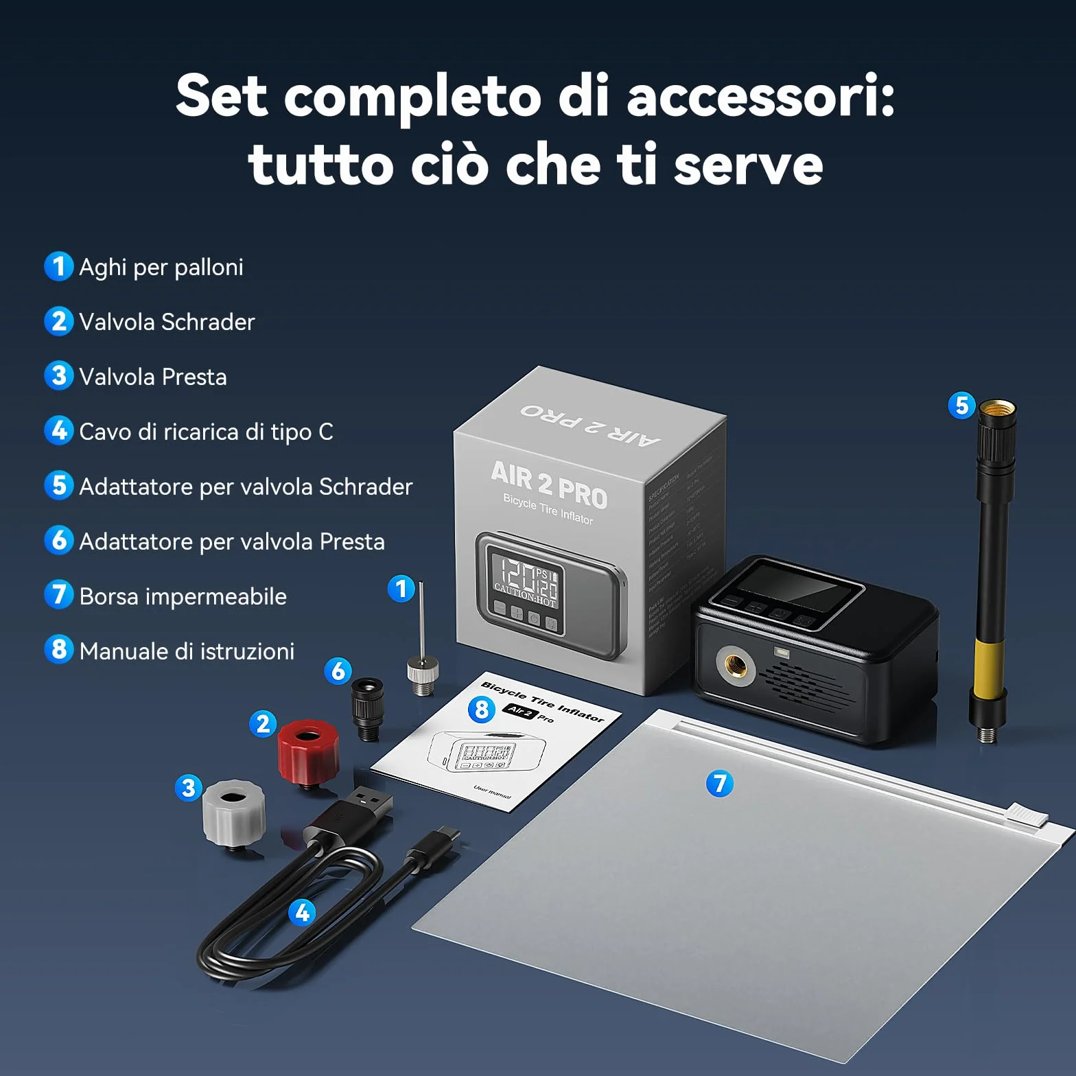 Mini Pompa Elettrica Bici Silenziosa 120 Psi Gonfiaggio Rapido 50s Compatibile Valvole Presta Schrader