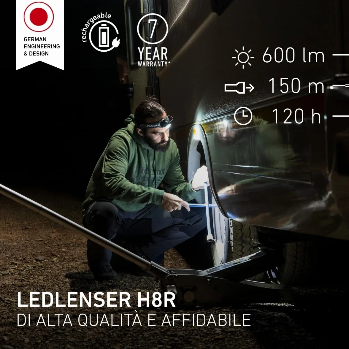 Ledlenser H8R Torcia Frontale LED Ricaricabile 600 Lumen 18650 Batteria Li-Ion