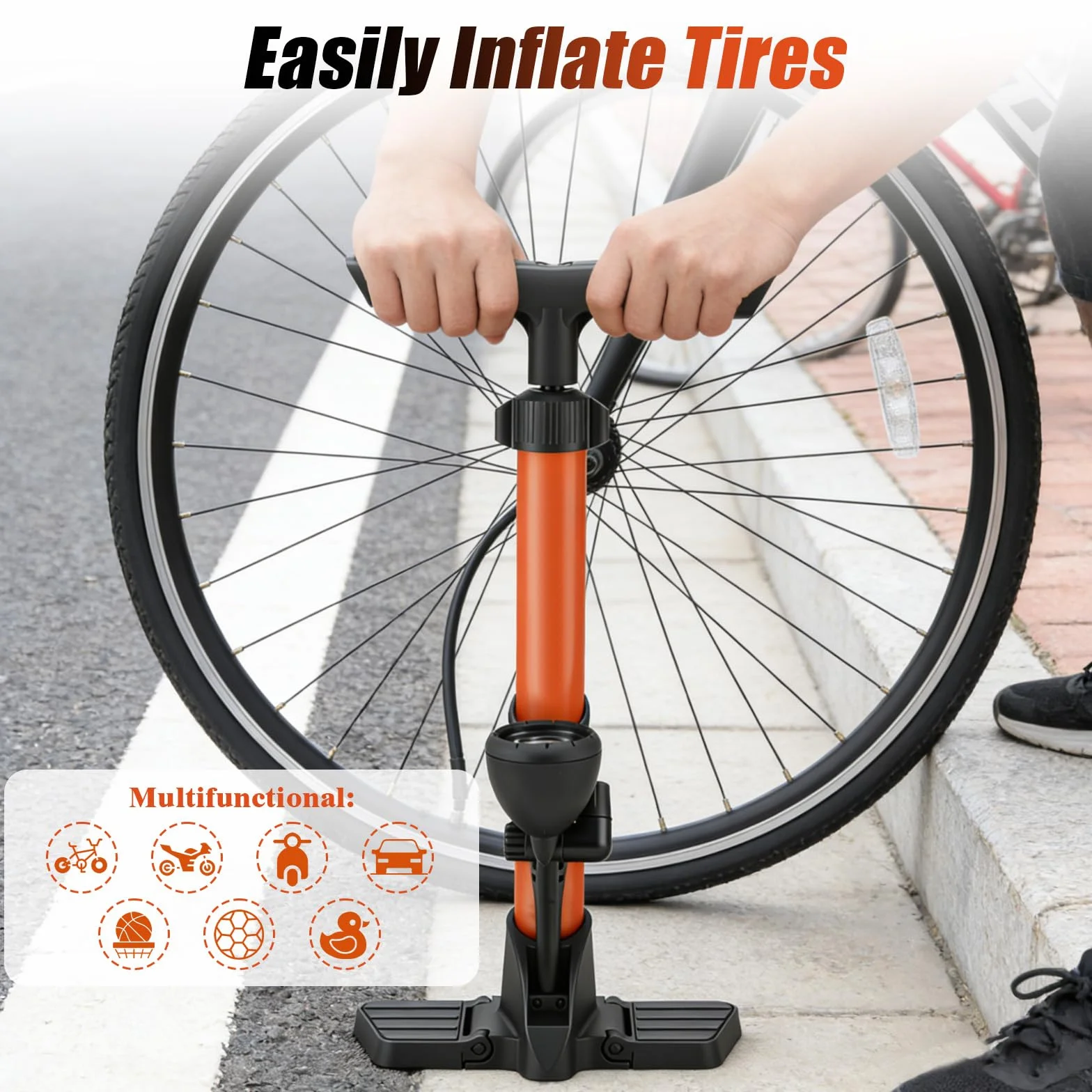 Pompa per Bicicletta da Pavimento con Manometro, Alta Pressione 160 PSI per Valvole Presta e Schrader, Arancione