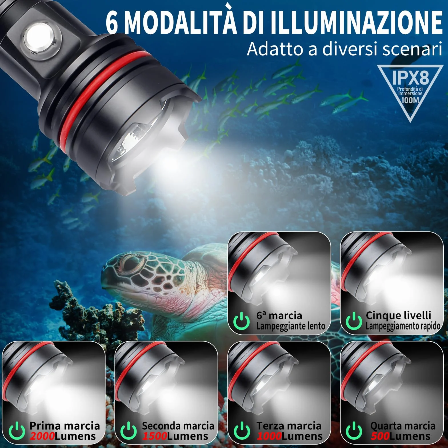 Torcia Subacquea 2000 Lumen IP68 100m USB-C Ricarica 6 Modalità