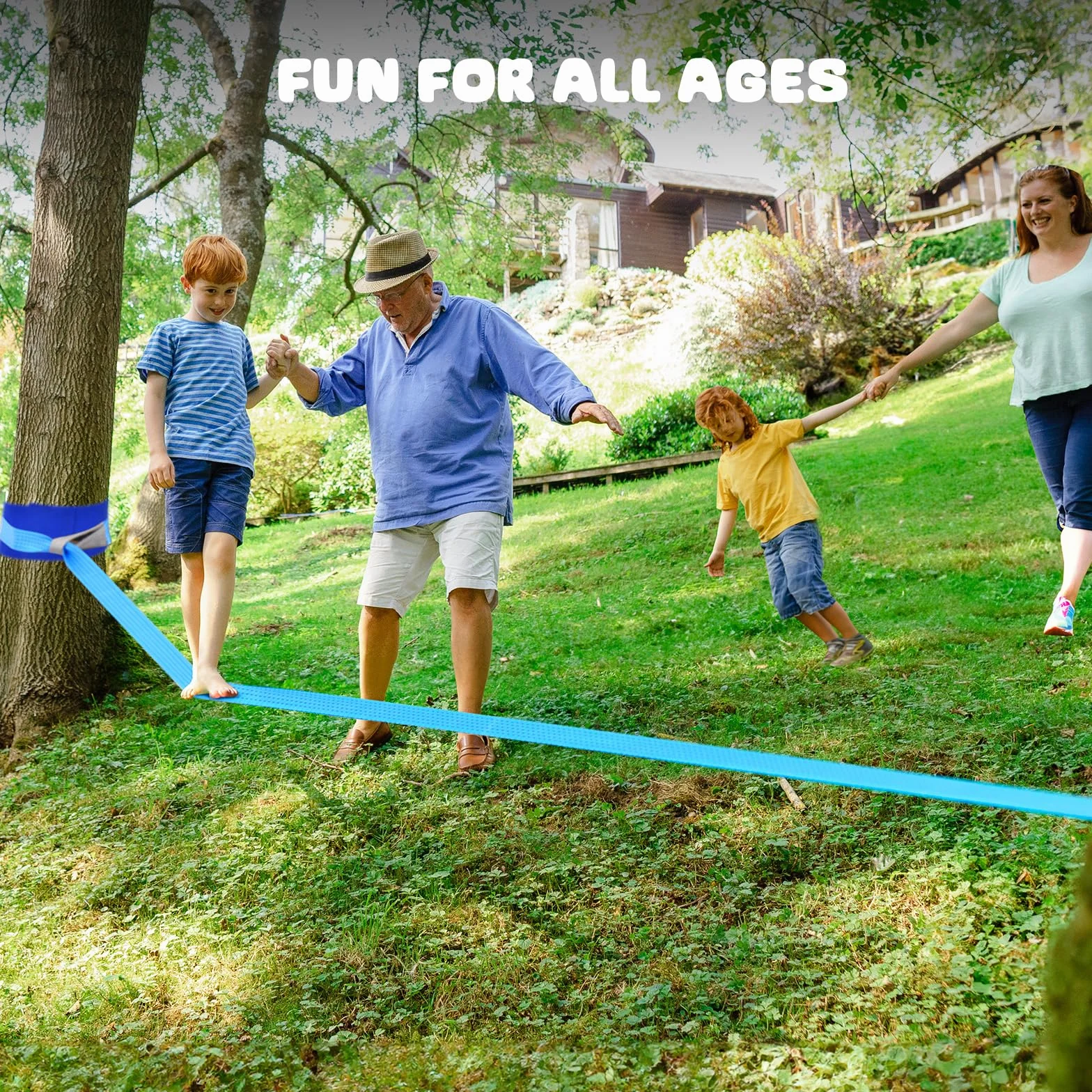 Hapfan 2X50ft Slackline Linea per Bambini con Carrucola, Set di Ostacoli da Arrampicata con Pali, Scala, Anelli e Protezione per Alberi (Blu)