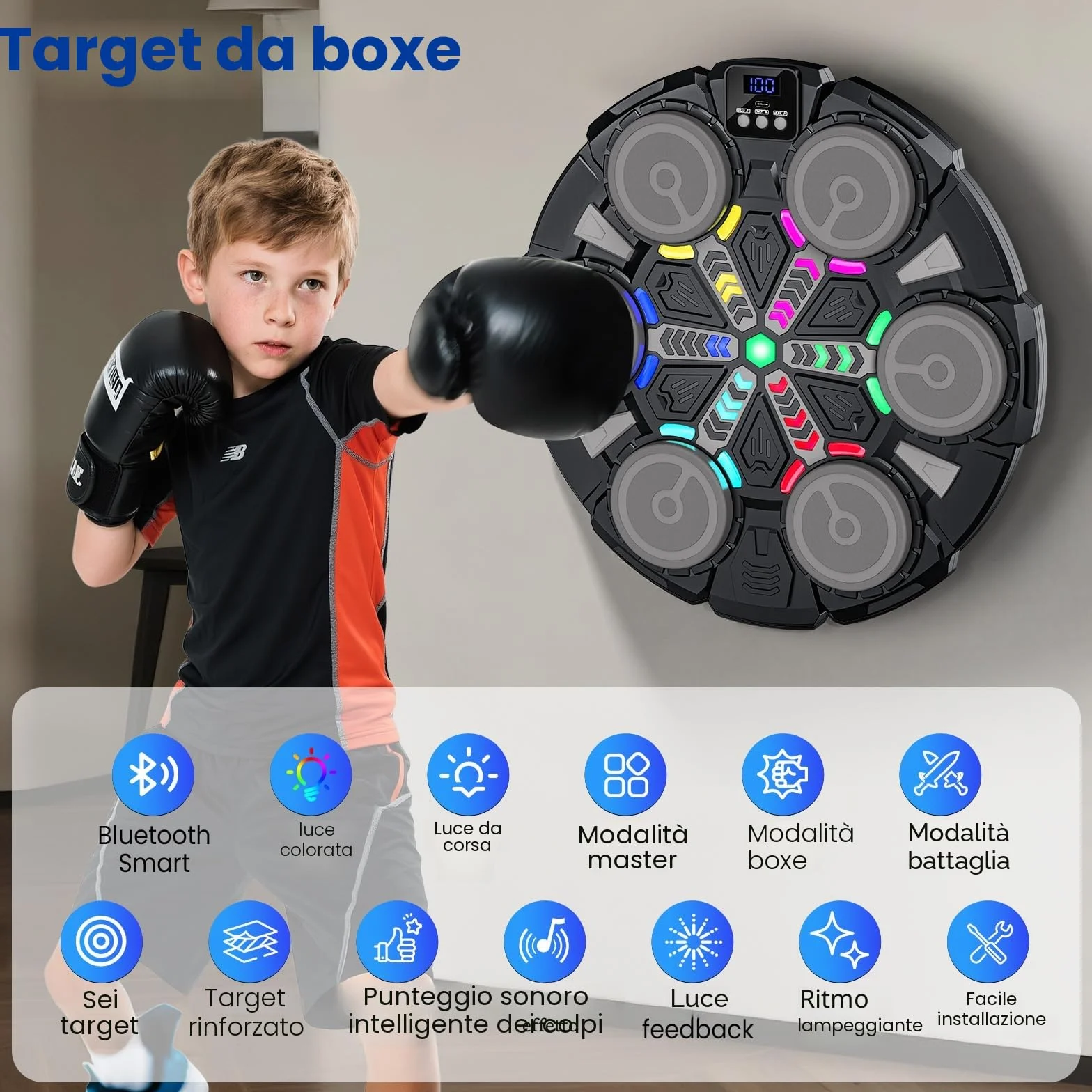 Macchina da Boxe Musicale, Nuovo Music Boxing Machine a Parete con Guanti, Connessione Bluetooth, Luci LED, Regolazione a 5 Velocità, Molteplici Modalità di Allenamento, Conteggio Automatico (A)