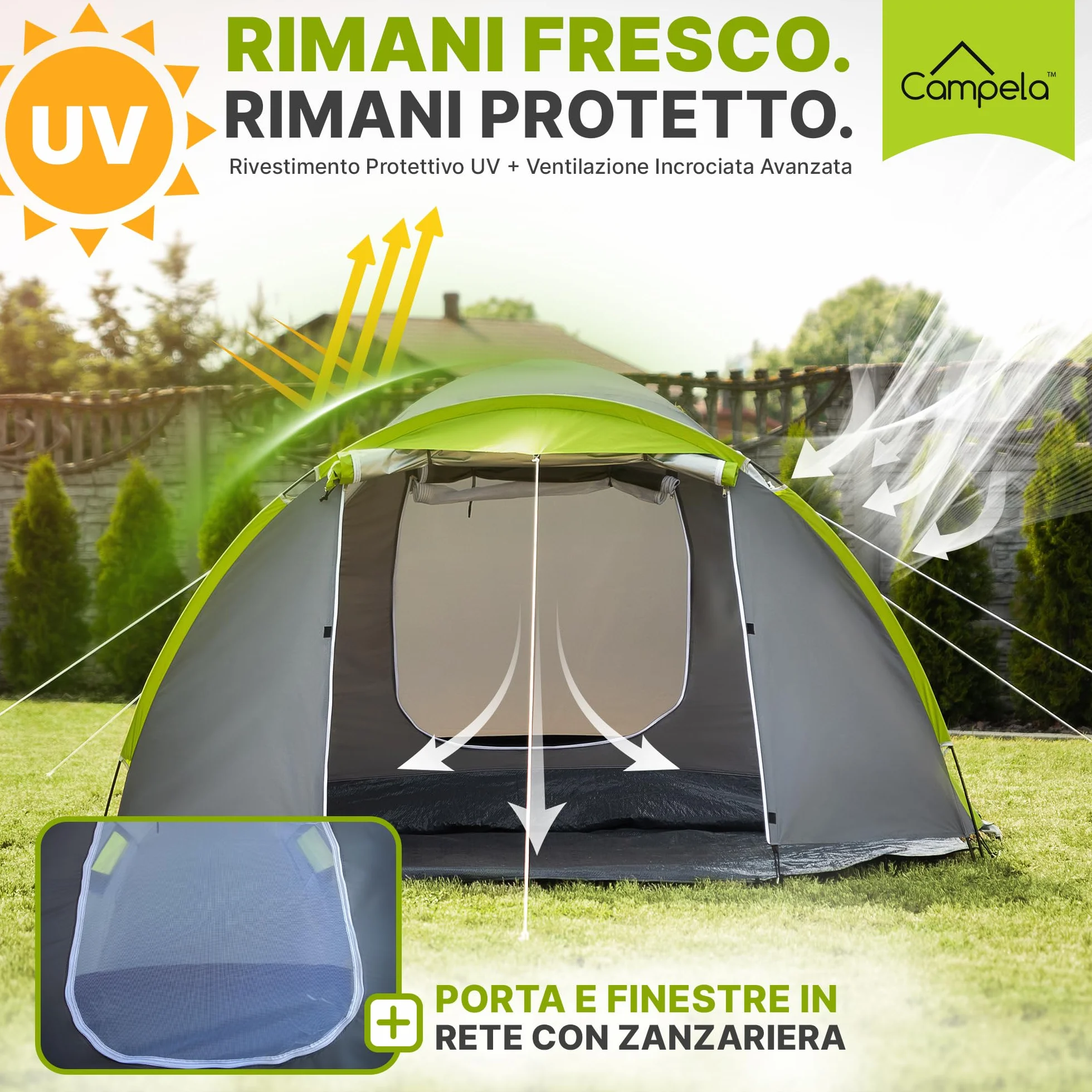 Tenda da Campeggio 4 Posti Impermeabile 3000 mm Doppio Tetto Vestibolo Ampio 2 Ingressi Zanzariera Poliestere 190T Telaio Fibra di Vetro 4,1 kg