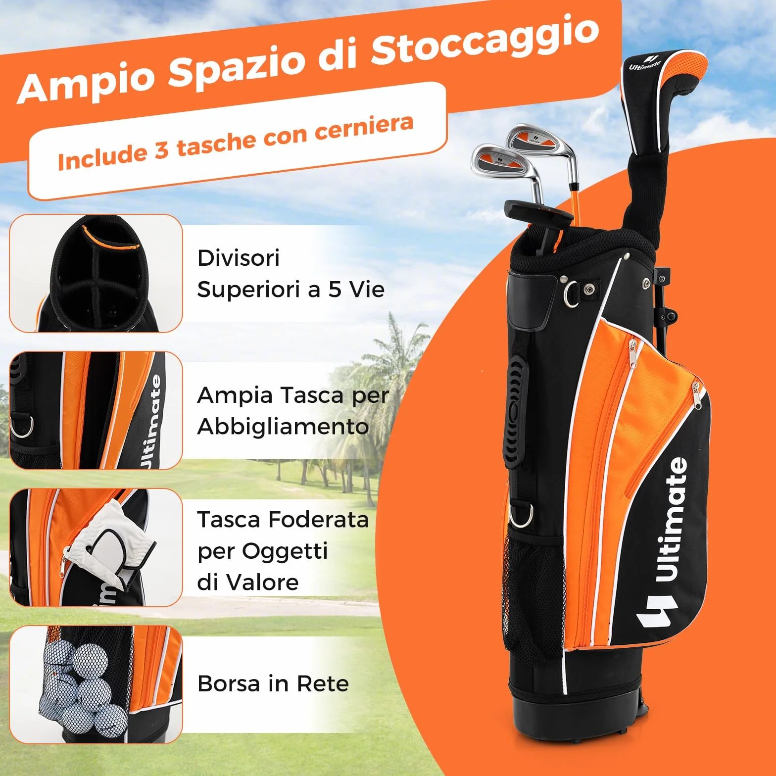 COSTWAY Set Completo Mazze da Golf Bambini Destrimano Fairway 3 Ferri 7 9 Putter Borsa Portatile