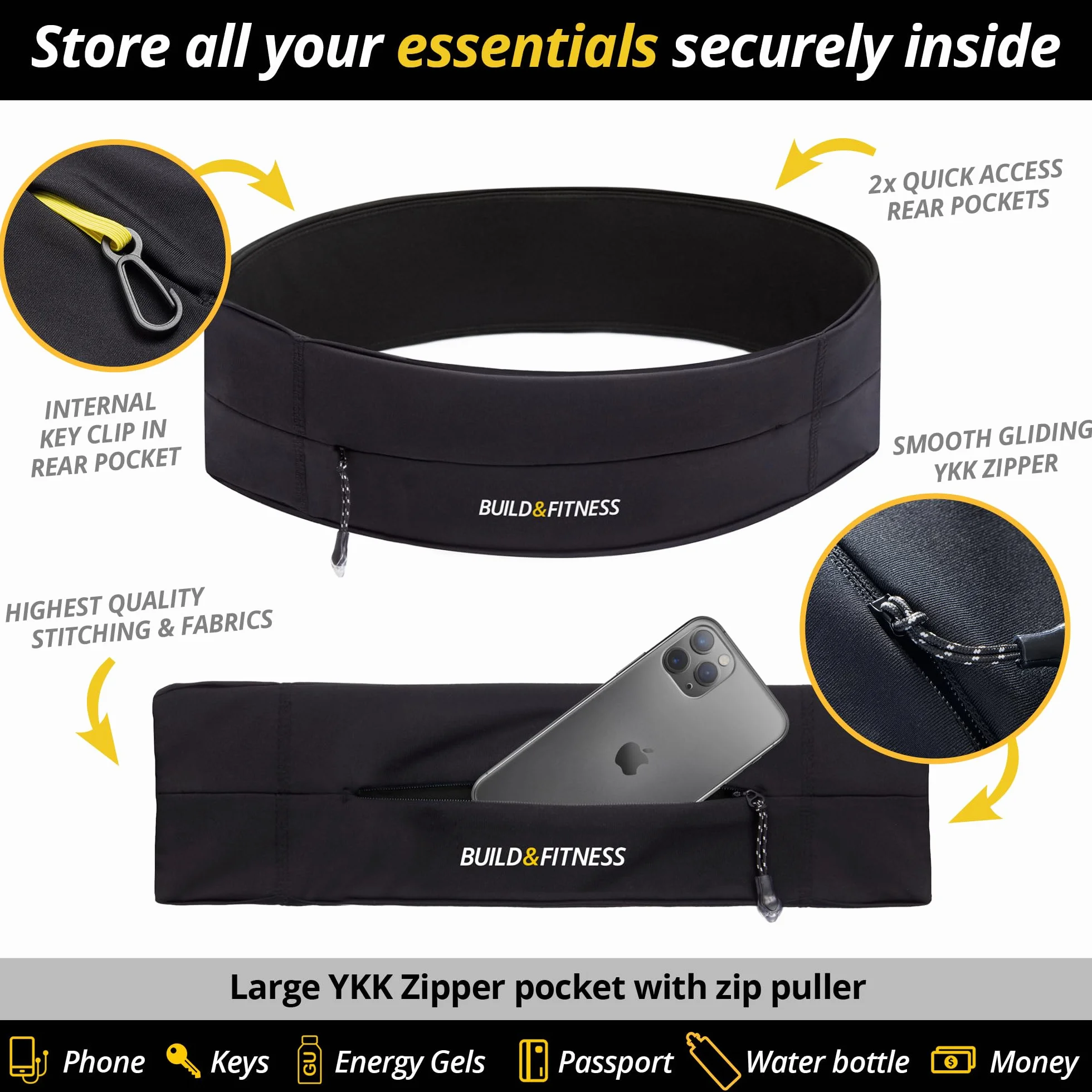 Marsupio Running Build & Fitness con Cerniera e Portachiavi Leggero Sportivo per Cellulare