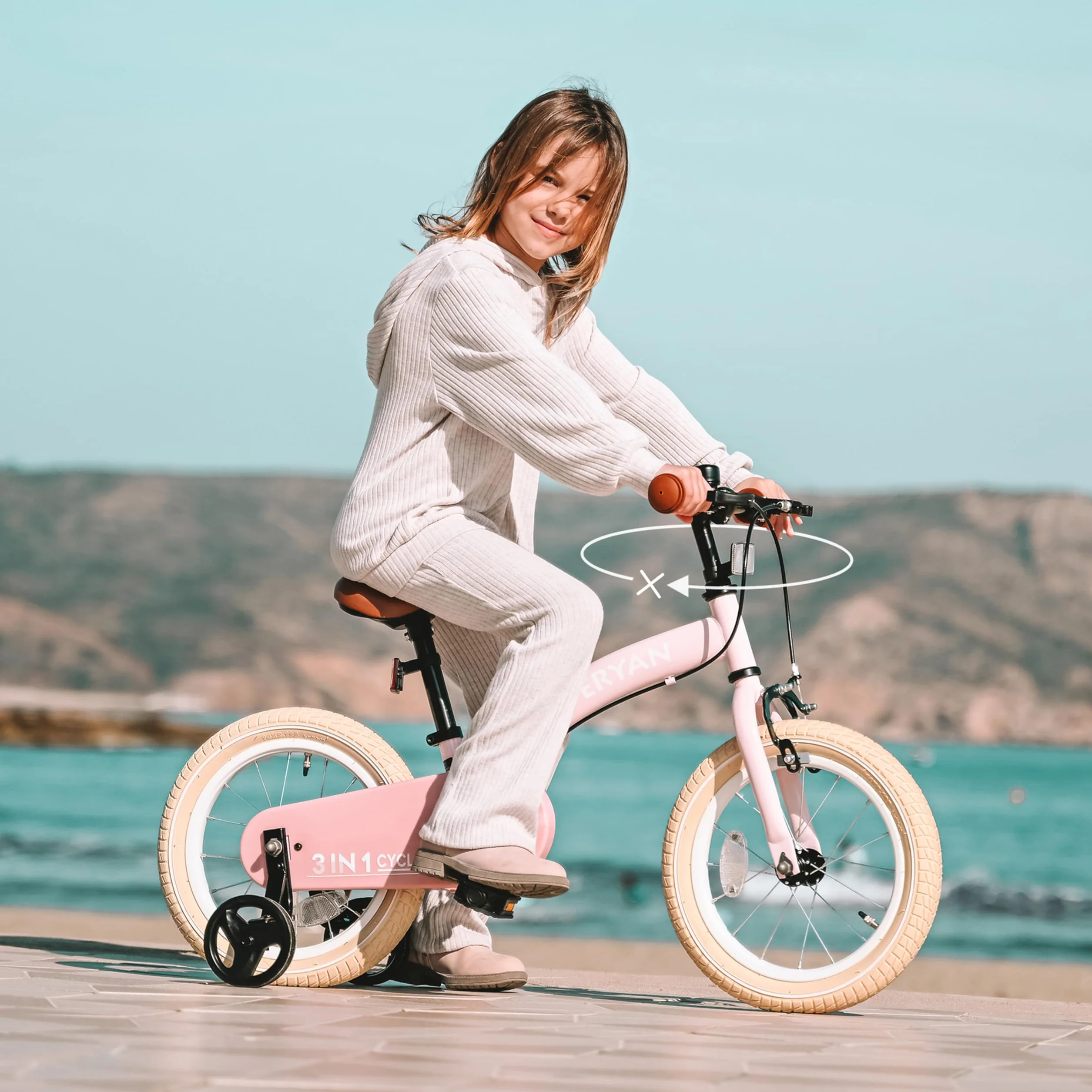 Deryan Bicicletta per Bambini 3 in 1 12 14 16 Pollici con Rotelle e Pneumatici ad Aria