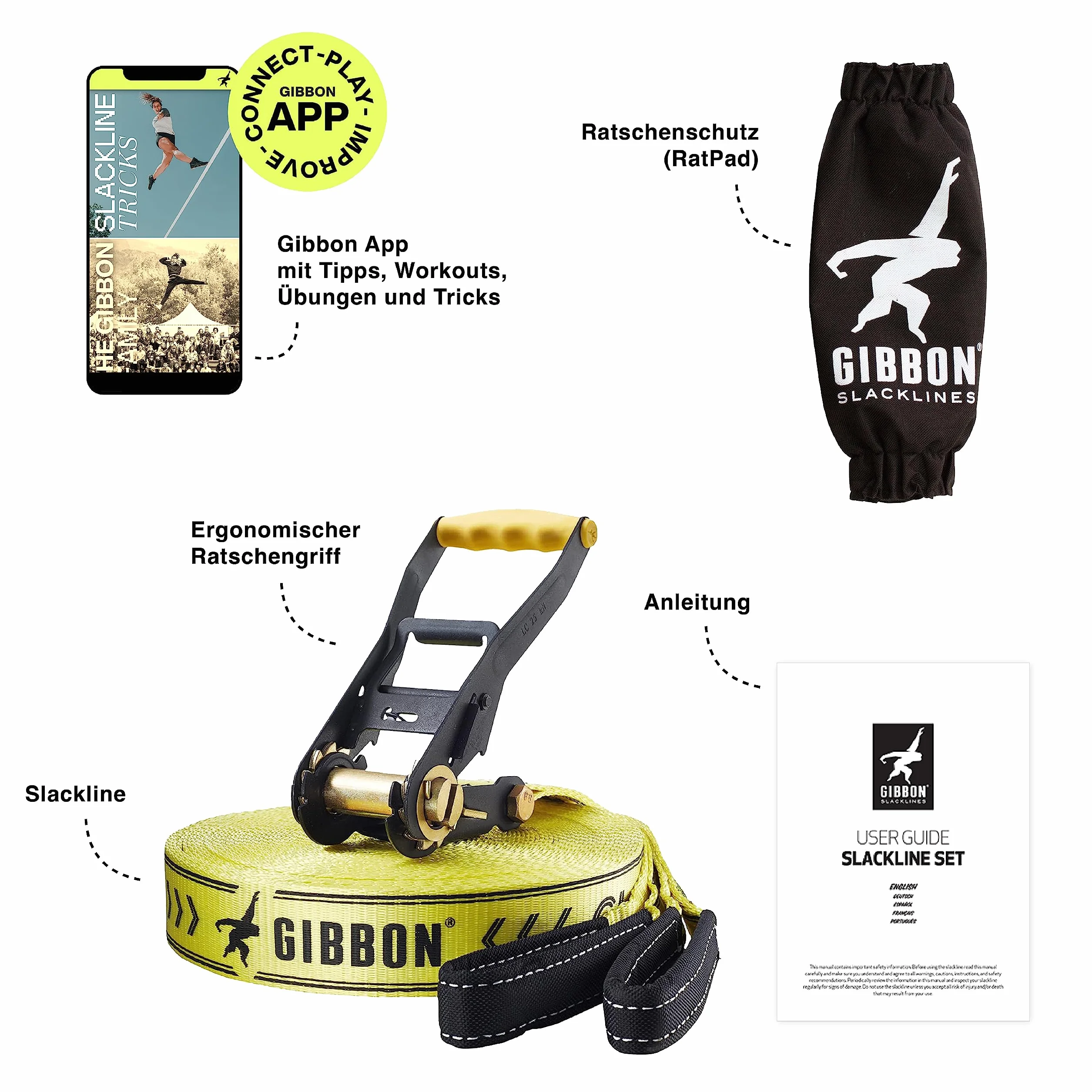 Gibbon Slacklines Classic Line 25m (22,5m slackline + 2,5m fettuccia) cricchetto protezione blocco sicurezza larghezza 5 cm