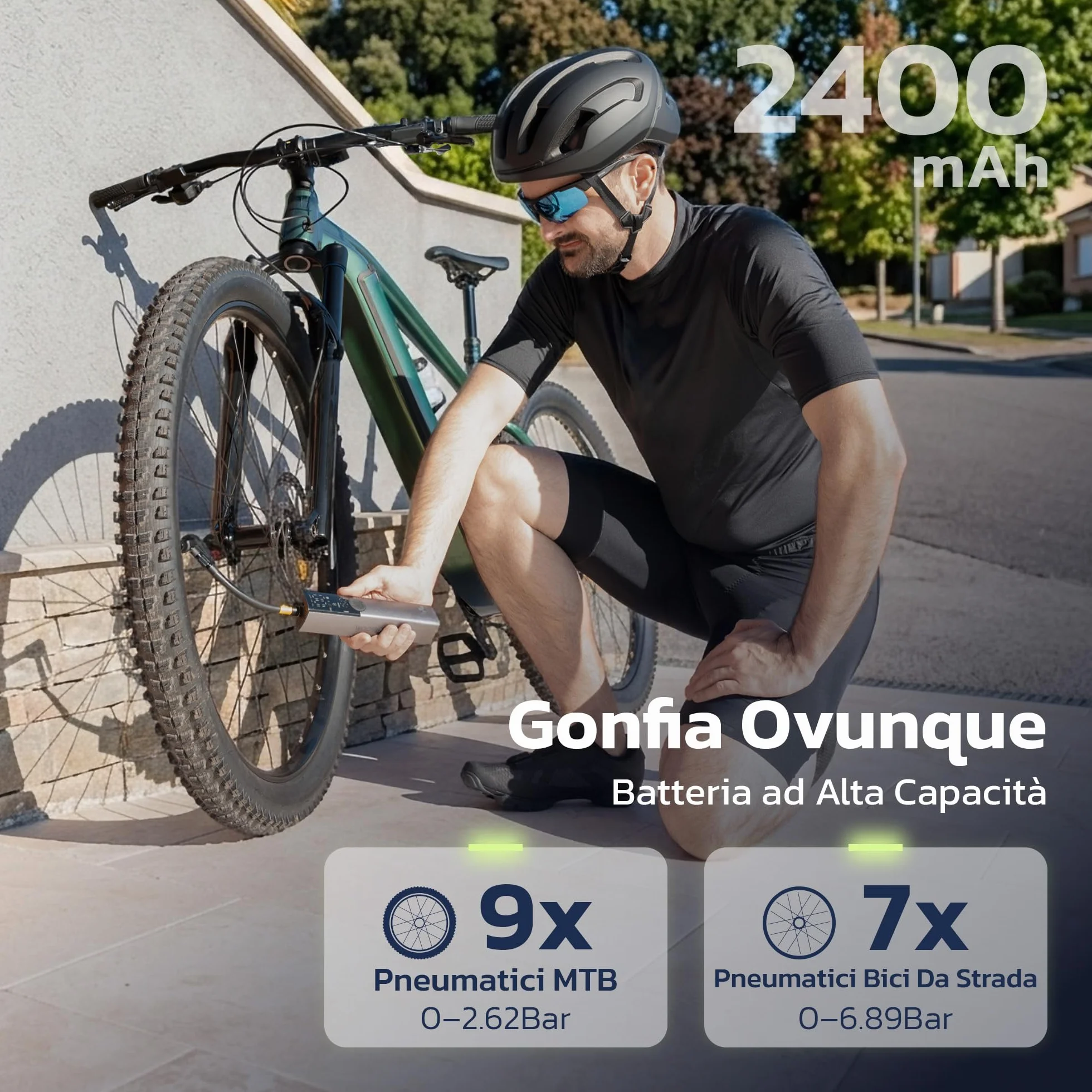 Woowind Ventus Ride Pompa Elettrica per Bicicletta, 150 PSI, 10,3 Bar, Portatile, Compressore Aria, Presta, Schrader, MTB, e-bike