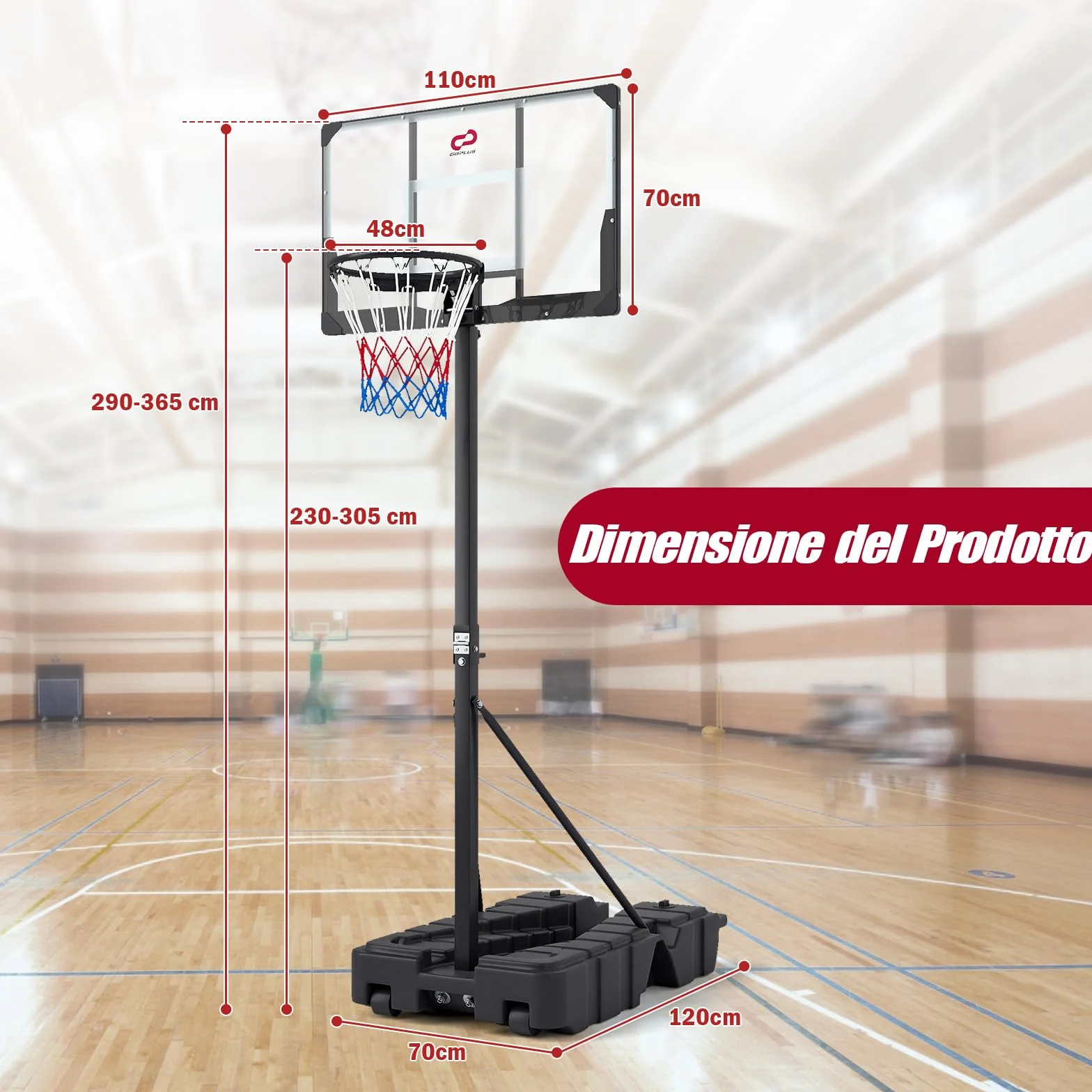 COSTWAY Canestro da Basket Professionale Pieghevole Altezza Regolabile 230-305 cm Tabellone PC Infrangibile Base Mobile con Ruote Riempibile