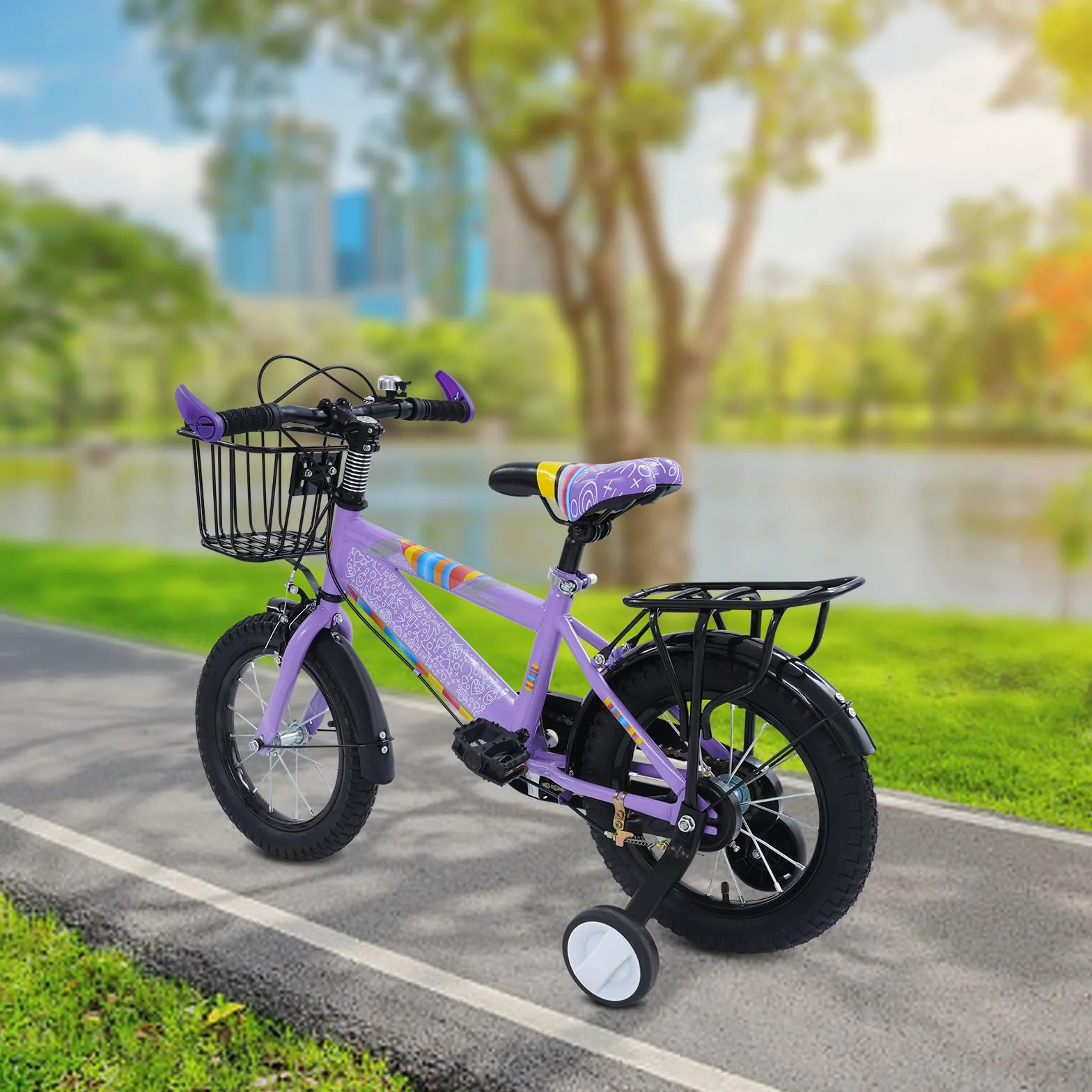Bicicletta per bambini 14 pollici con rotelle e cestino regolabile