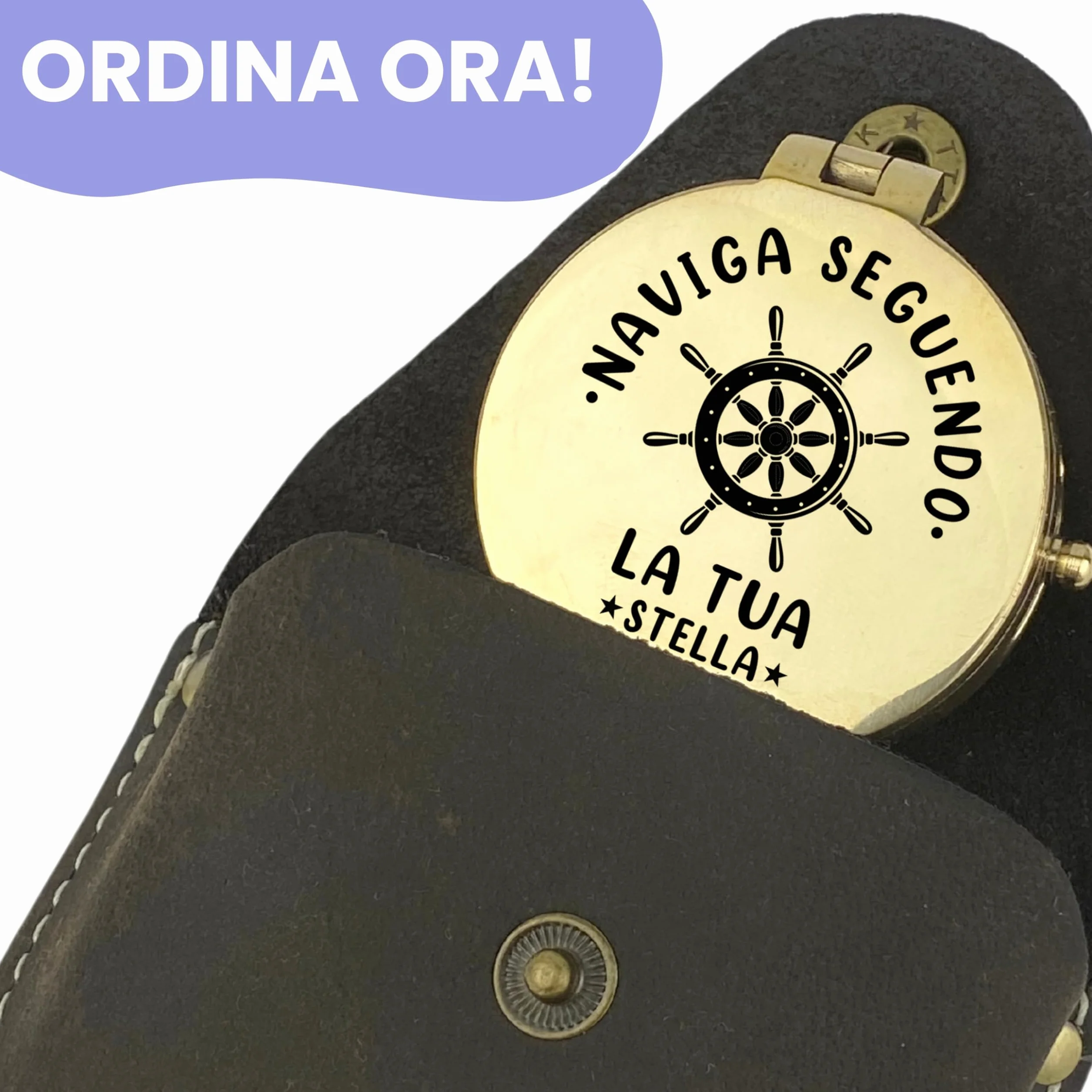 Bussola personalizzata in ottone e pelle con incisione motivo marittimo, regalo