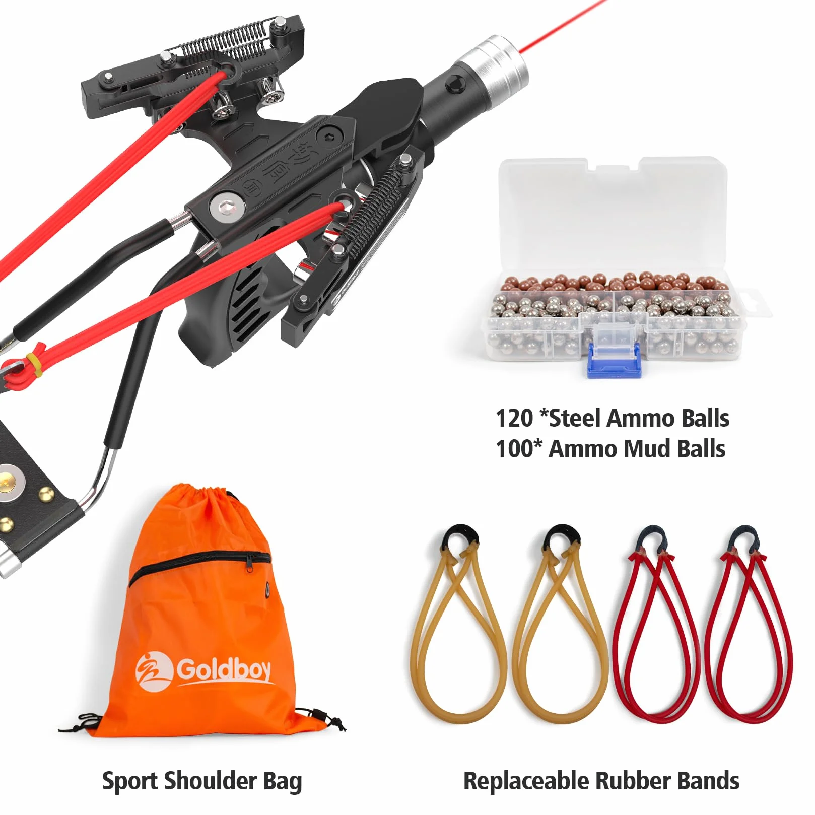 Goldboy Slingshot with Red Beam Sight, Wrist Rocket with Flashlight, Hunting Slingshot 4 Rubber Bands 220 Ammo Adults Black