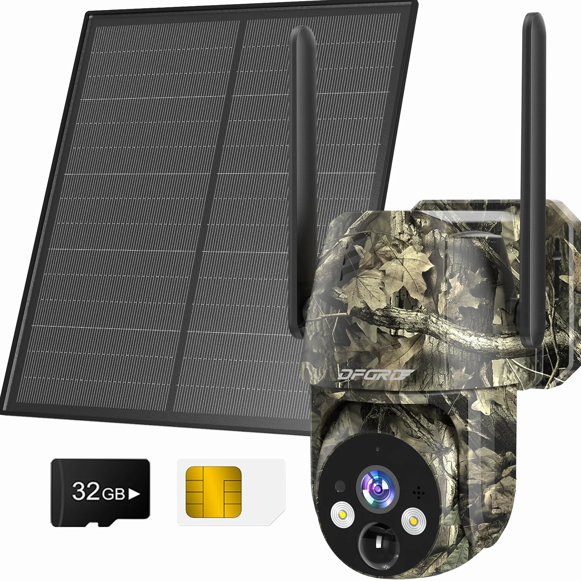 Fototrappola 4G LTE con SIM, 2K Telecamera Esterna Pannello Solare, 360° PTZ Visione Notturna Colori, Rilevamento PIR, IP66