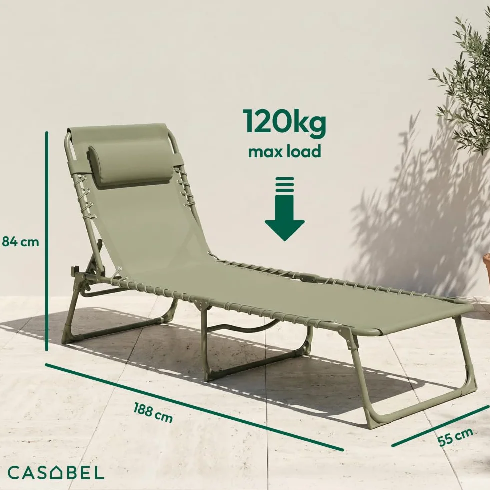 CASABEL Sedia Sdraio Pieghevole da Giardino, Set di 2 Lettini Pieghevoli Esterno Comodi e Resistenti, Struttura in Acciaio e Rivestimento in Textilene, Arredo Giardino Prendisole, Verde salvia