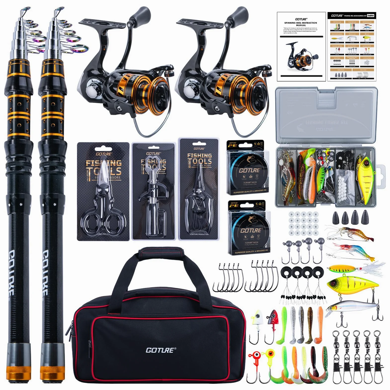Goture Set da pesca con 2 canne da pesca telescopiche, set completo 2 5.2:1 mulinello (9+1 cuscinetto), filo, scatola per esche e borsa per il trasporto, per acqua salata/dolce, regalo da viaggio