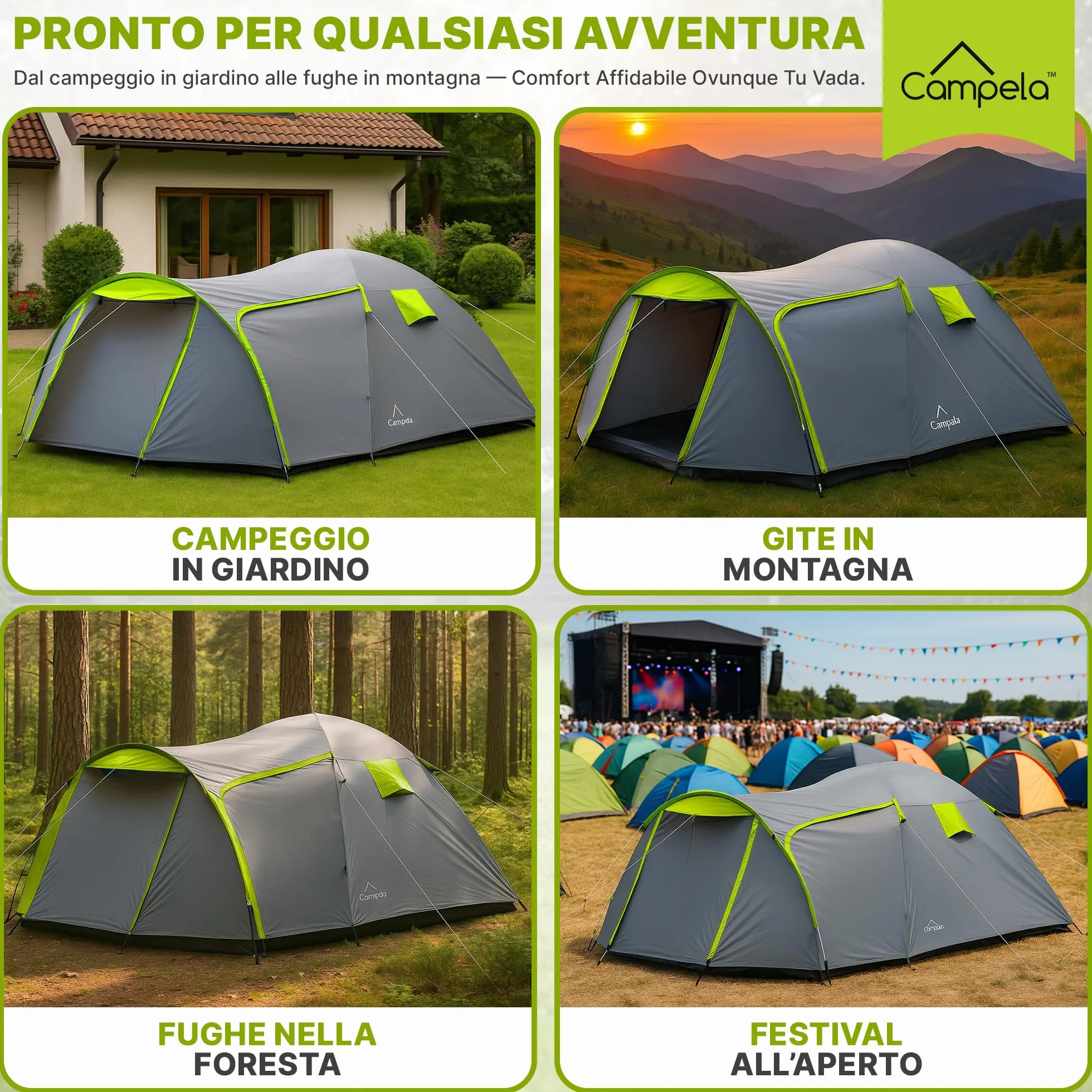Tenda da Campeggio 4 Posti Impermeabile 3000 mm Doppio Tetto Vestibolo Ampio 2 Ingressi Zanzariera Poliestere 190T Telaio Fibra di Vetro 4,1 kg