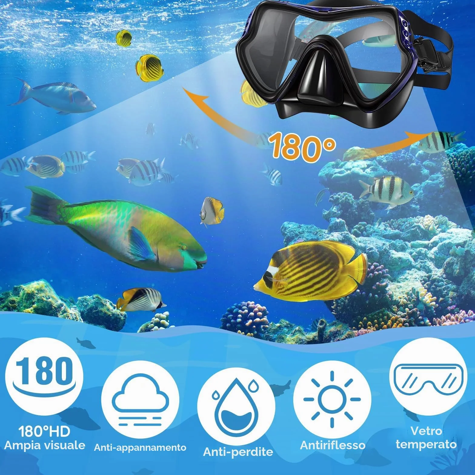 Maschera Snorkeling Adulto Antiappannante Panoramica 180° Set con Boccaglio