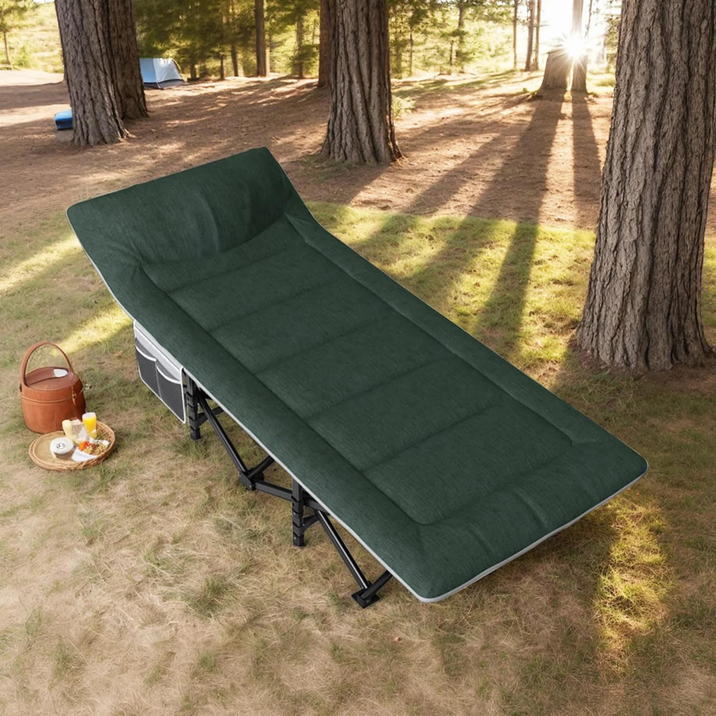 ATORPOK SHOP Lettino da campeggio per adulti con cuscino e cuscino, comodo lettino da campeggio da viaggio per dormire, culla portatile con borsa per il trasporto, supporta 204 kg (verde)