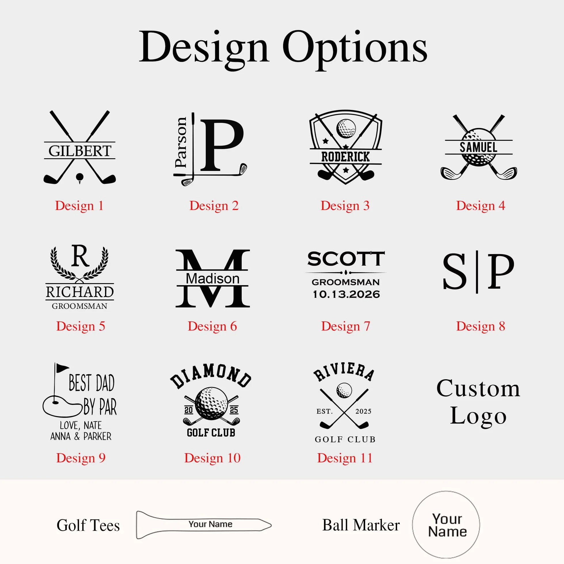 Personalizowany zestaw akcesoriów golfowych, zestaw upominkowy z grawerowanymi tee i markerami do piłek