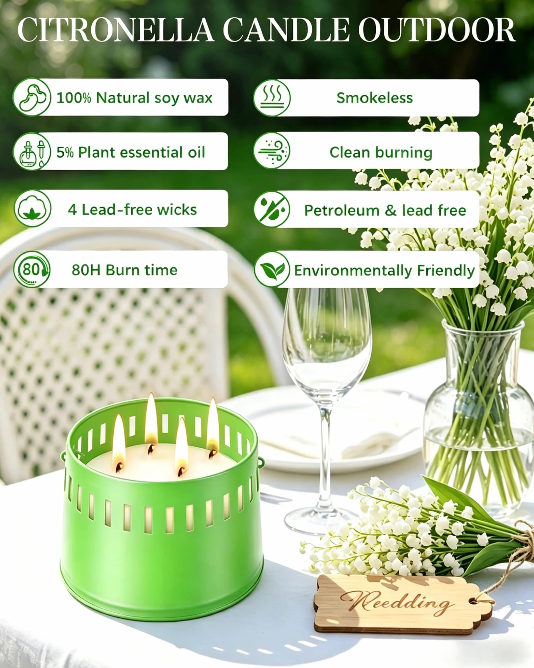 Grande Candela Citronella 4 Stoppini 80 Ore 100% Naturale per Esterno Giardino Campeggio