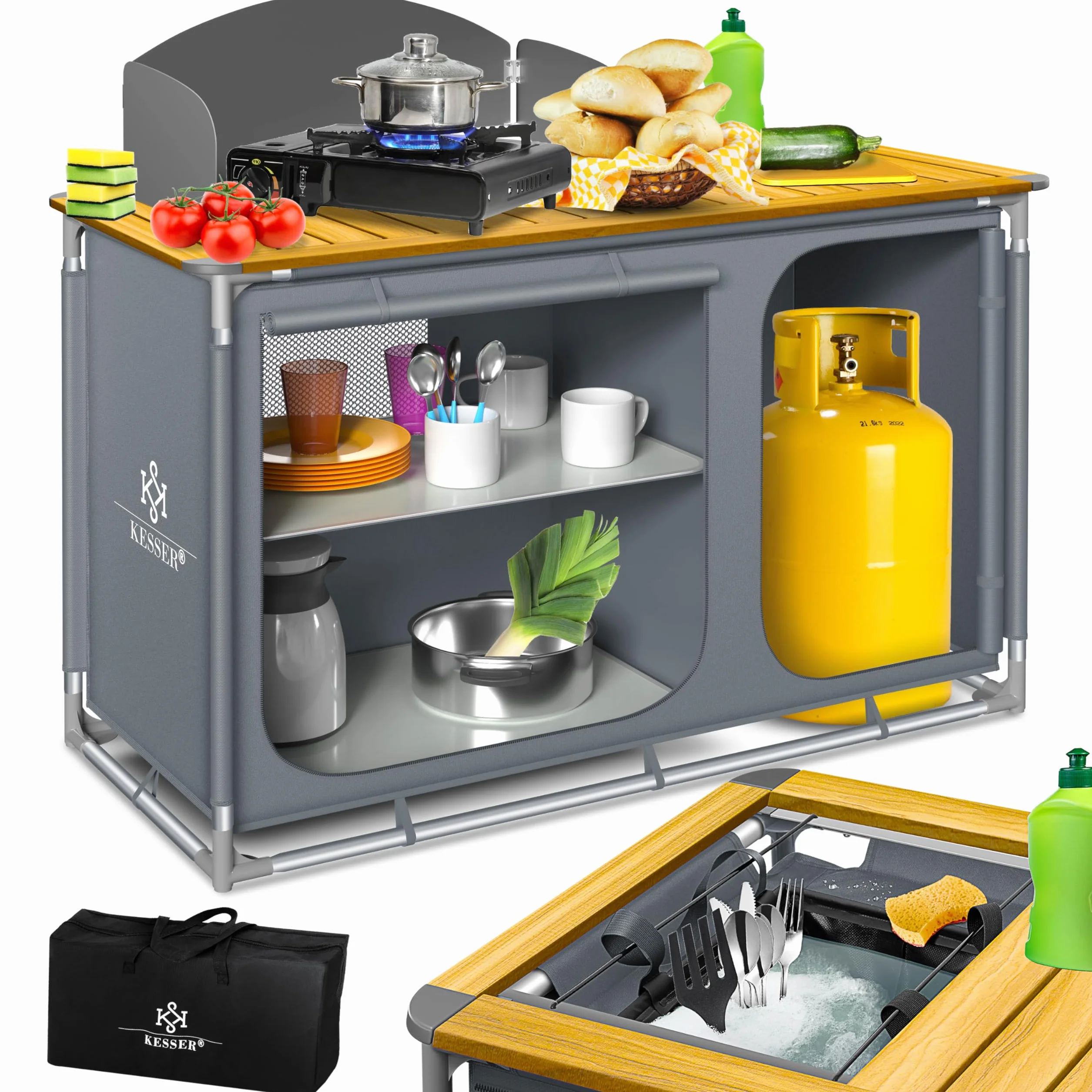 KESSER Cucina da campeggio pieghevole con borsa per il trasporto e set di bicchieri struttura in alluminio