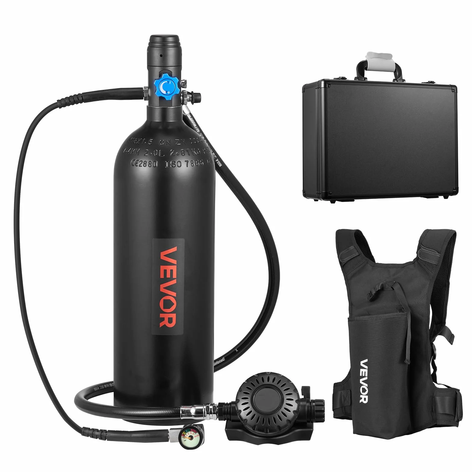 VEVOR Mini Bombola Subacquea 2L Set Portatile Aria Compressa Autonomia 35 Minuti Borsa Spalla Custodia Trasporto Metallo