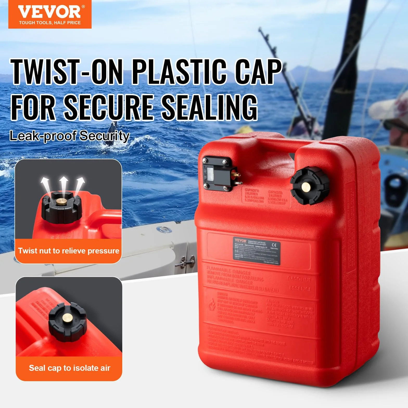 VEVOR Serbatoio Carburante Marino 24 L Portatile per Barche Fuoribordo Plastica Rosso