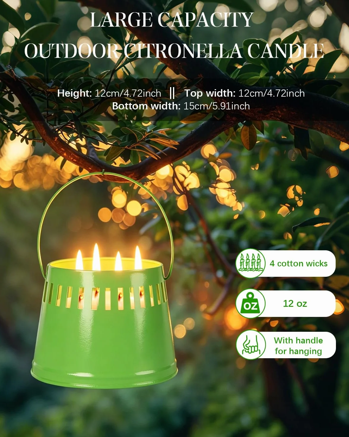 Grande Candela Citronella 4 Stoppini 80 Ore 100% Naturale per Esterno Giardino Campeggio