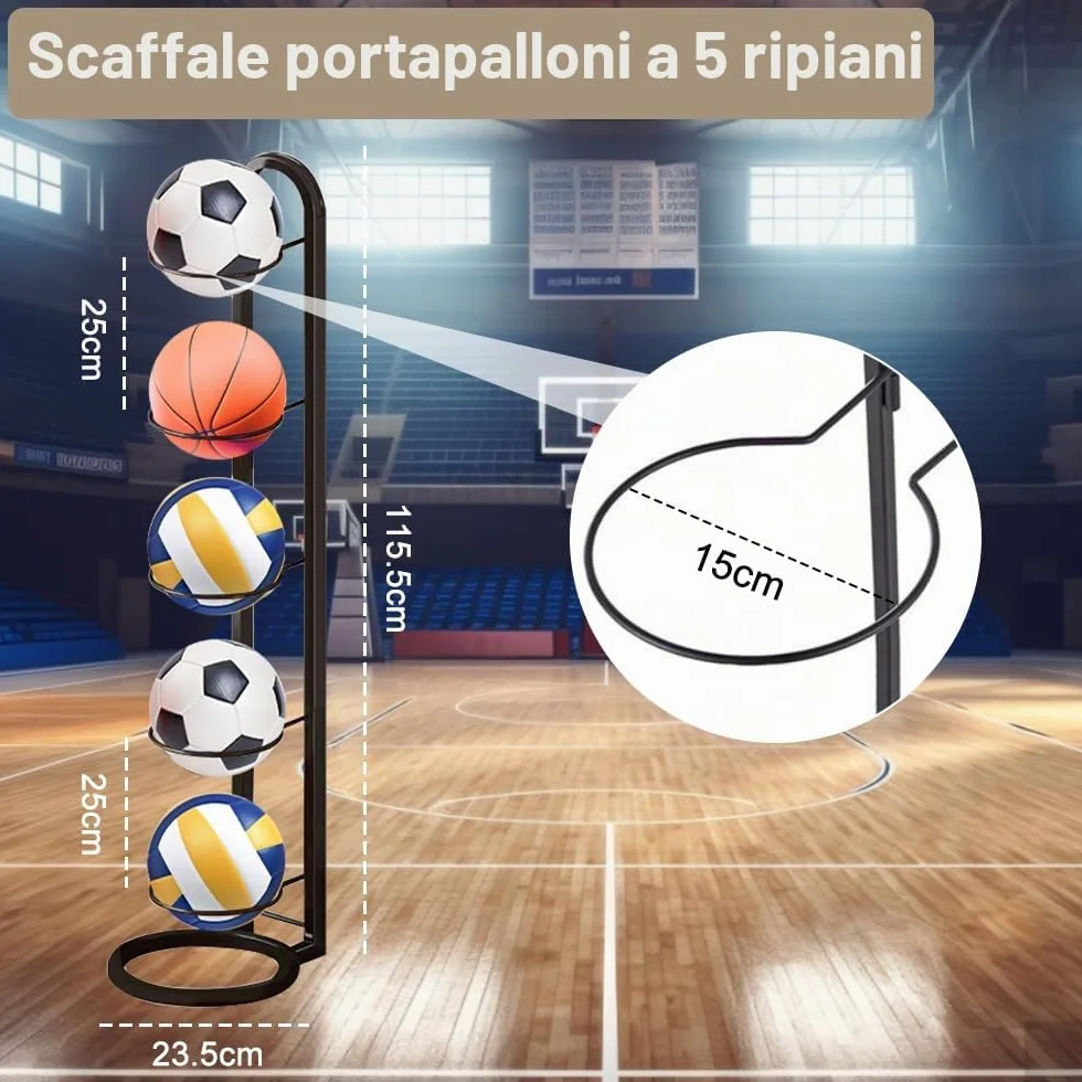 Kleemeiero Rastrelliera per Palloni Verticale 5 Livelli Porta Pallone da Calcio Basket Pallavolo, Nero