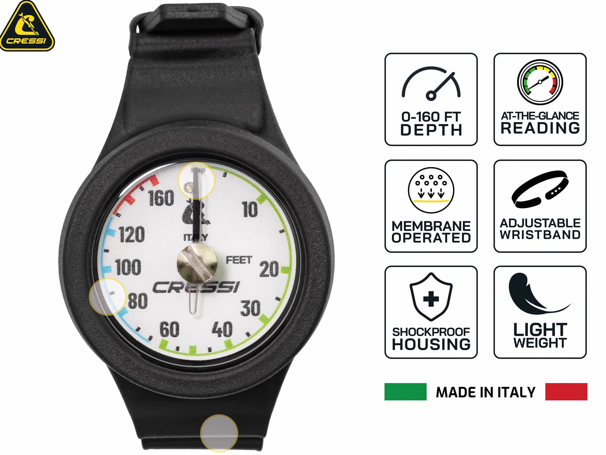 CRESSI Wristband Depth Gauge Bar - Resistente Profondimetro Analogico da Polso con Quadrante Metrico