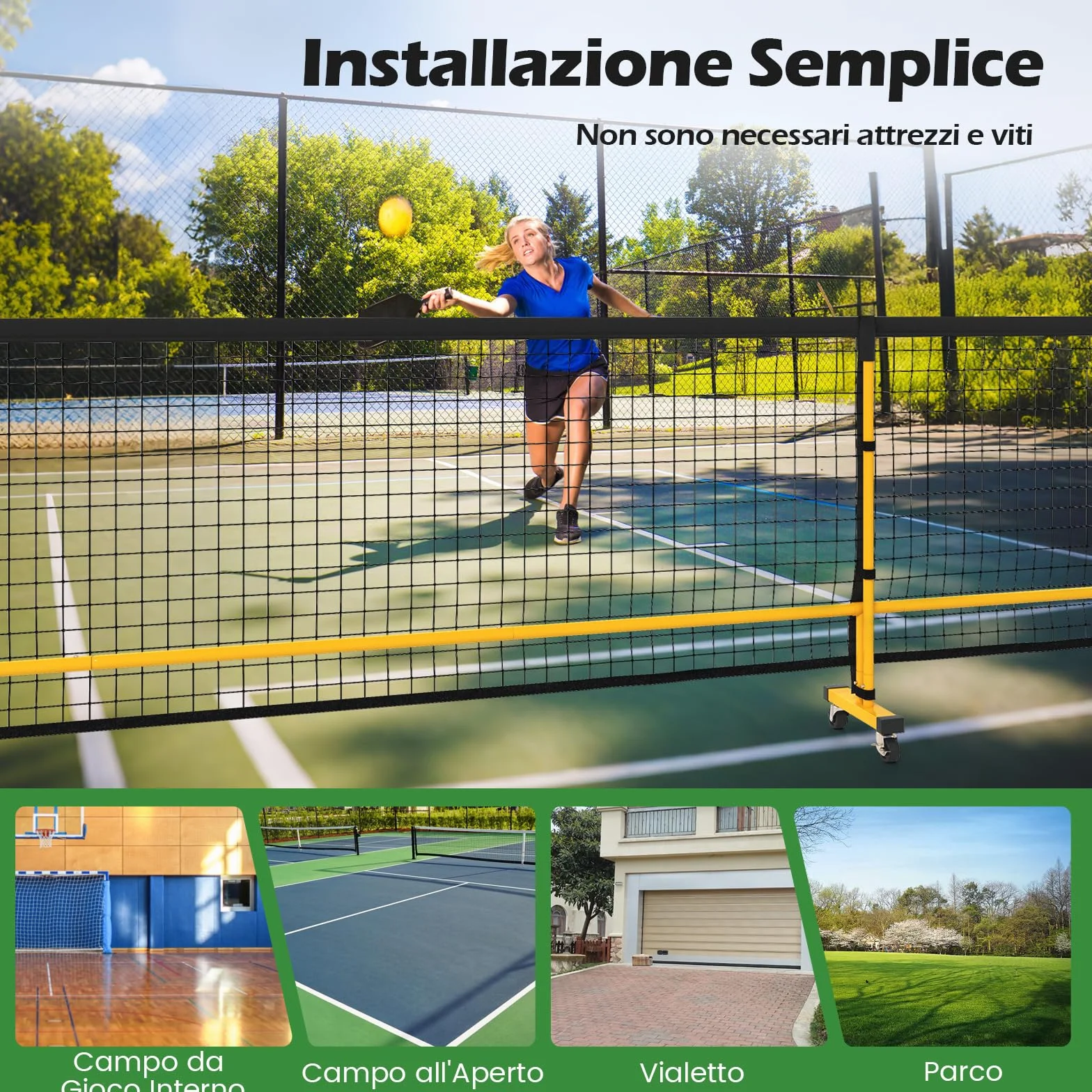 COSTWAY Rete Pickleball Portatile 6,7 m con Ruote, Telaio in Metallo e Borsa da Trasporto, per Badminton e Allenamento Multifunzionale