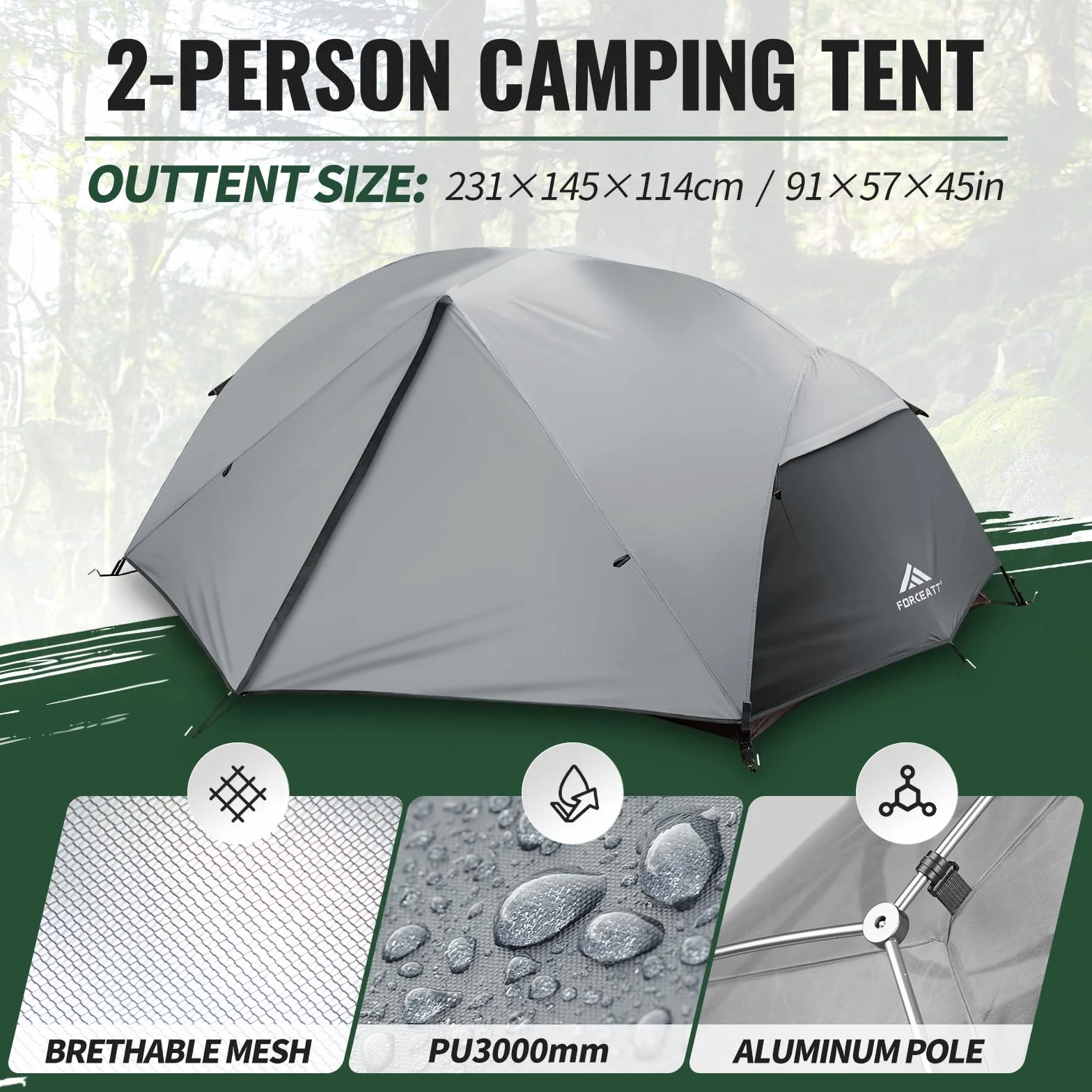 Forceatt Tenda Campeggio per 2-3 Persone Impermeabile Antivento 2 Porte Leggera